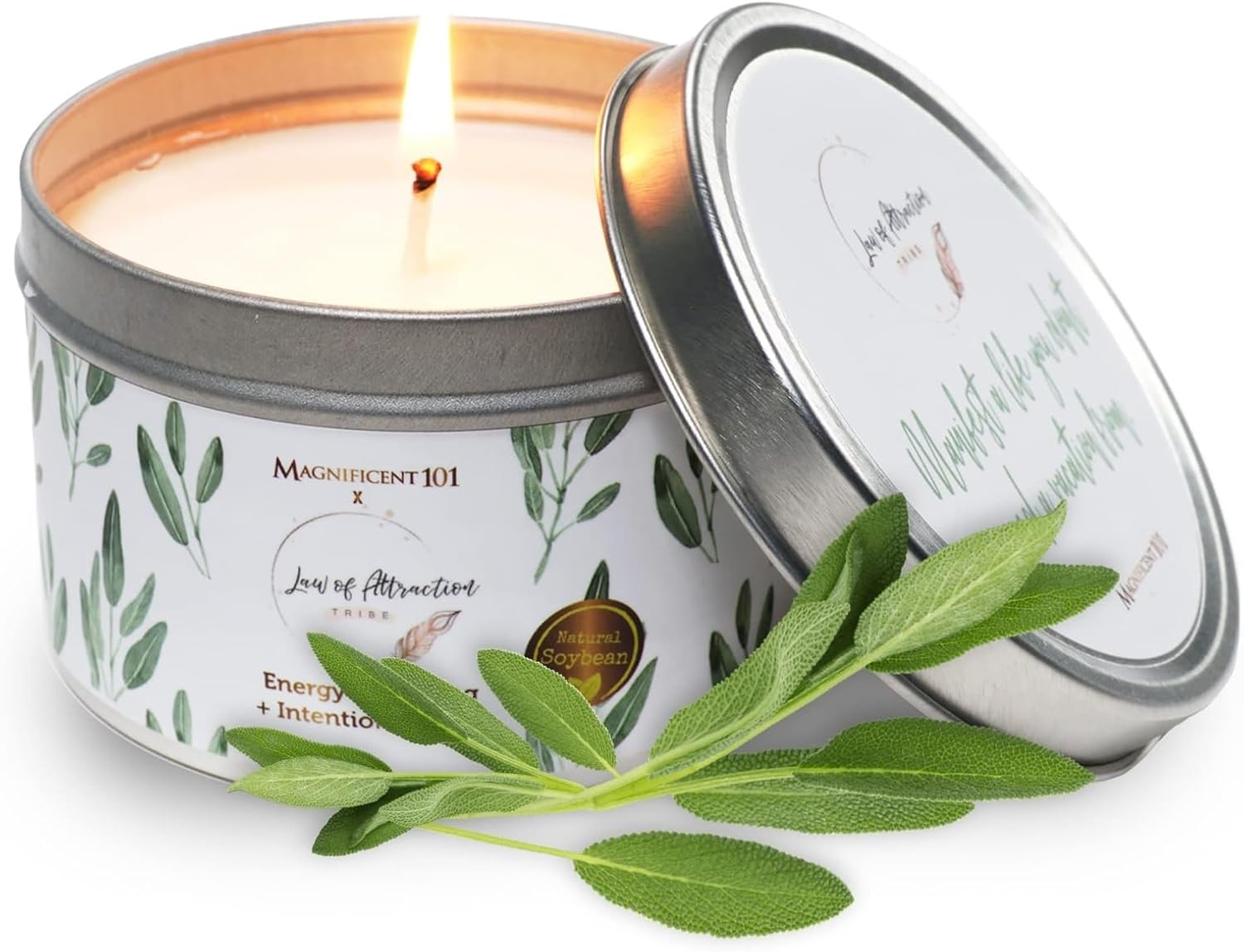 MAGNIFICENT 101 Affirmations Sage, Cedar, Palo Santo, Sprinkle of sage Leaves Smudge Candle for House Energy Cleansing, Banishes Negative Energy - Soy Wax Tin Candle (I Create My Dream Life)