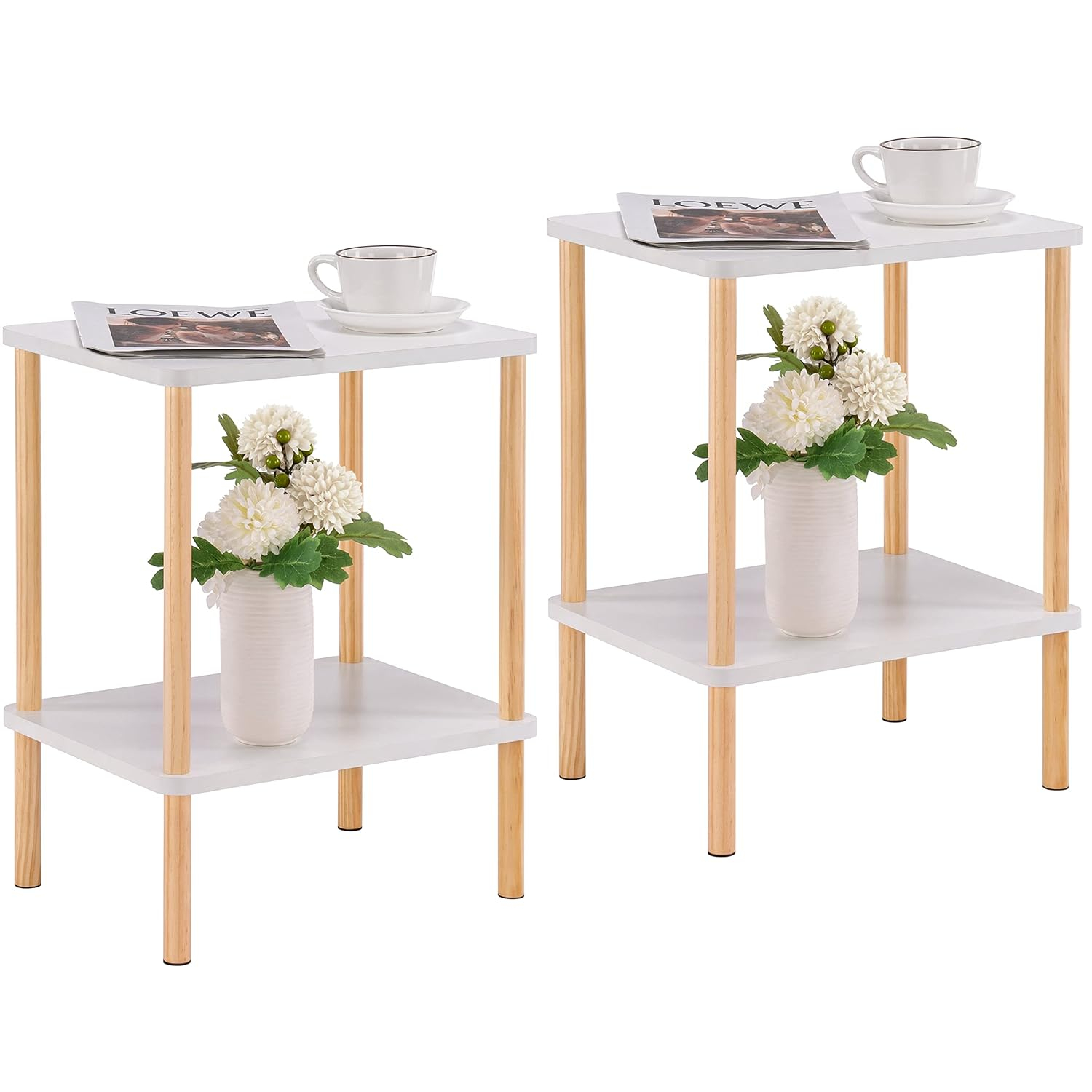 Apicizon 2 Tier End Table Set of 2, Small Side Table with Solid Wood Legs, Boho Bedside Table with Storage Shelf, Nightstand for Small Spaces, Bedroom, Living Room, Entryway, White+Natural