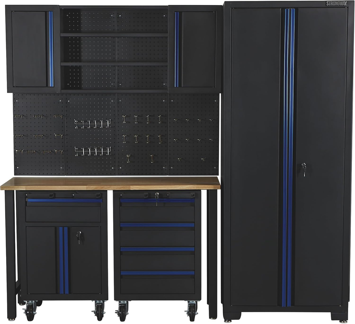 Strongway 6-Pc. Steel Garage Storage System with Drawers, Pegboard, Shelves, Tabletop, 2 Rolling Cabinets, 81.5in. x 75.7in.