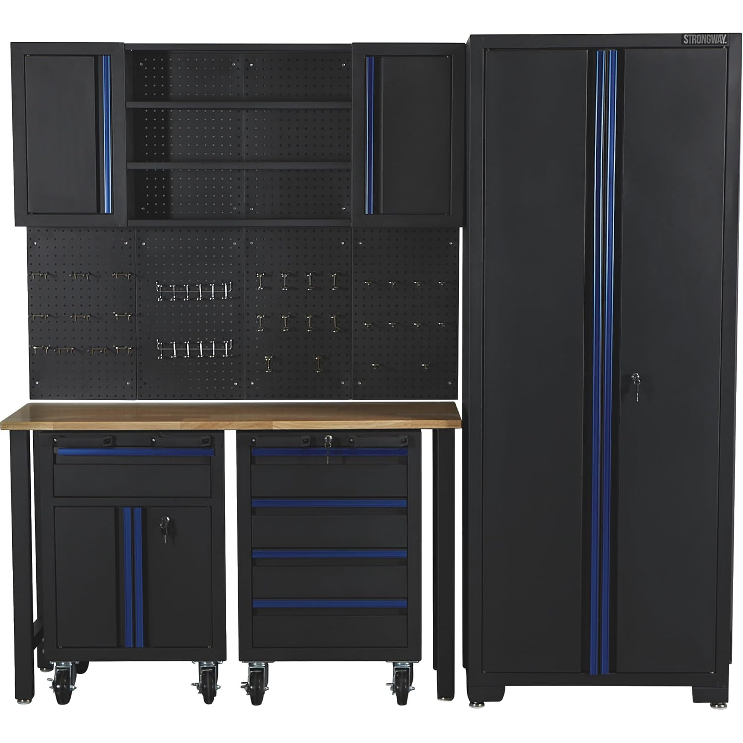 Strongway 6-Pc. Steel Garage Storage System with Drawers, Pegboard, Shelves, Tabletop, 2 Rolling Cabinets, 81.5in. x 75.7in.