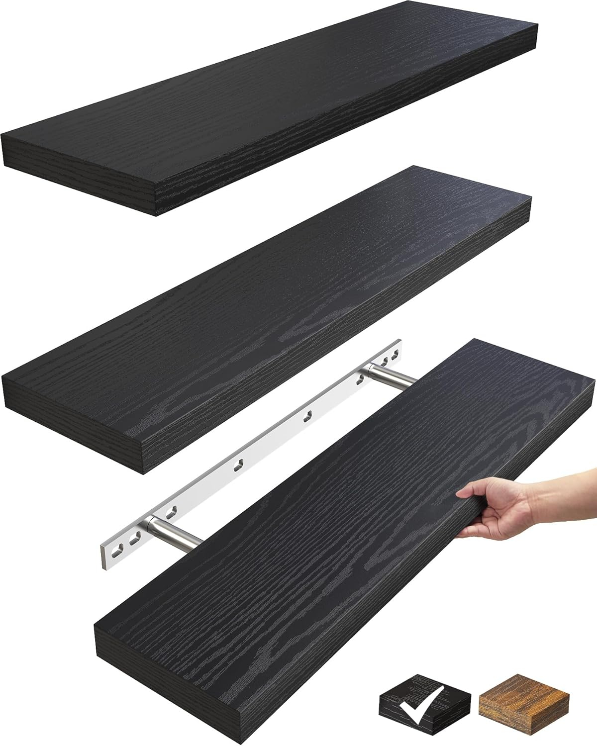 BAYKA Floating Shelves for Wall, 22.5 inches Wall Mounted Rustic Wood Shelves for Bathroom, Bedroom, Living Room, Floating Shelves for Books/Storage/Decor with 22lbs Capacity(Black,Set of 3)