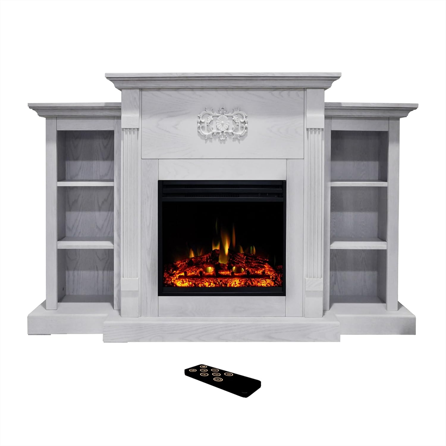 Cambridge Sanoma 72'' Electric Fireplace with Charred Log Insert | For Rooms up to 210 Sq.Ft | Remote | Bookshelves | Adjustable Heat Settings | Timer | Storage | Walnut Mantel