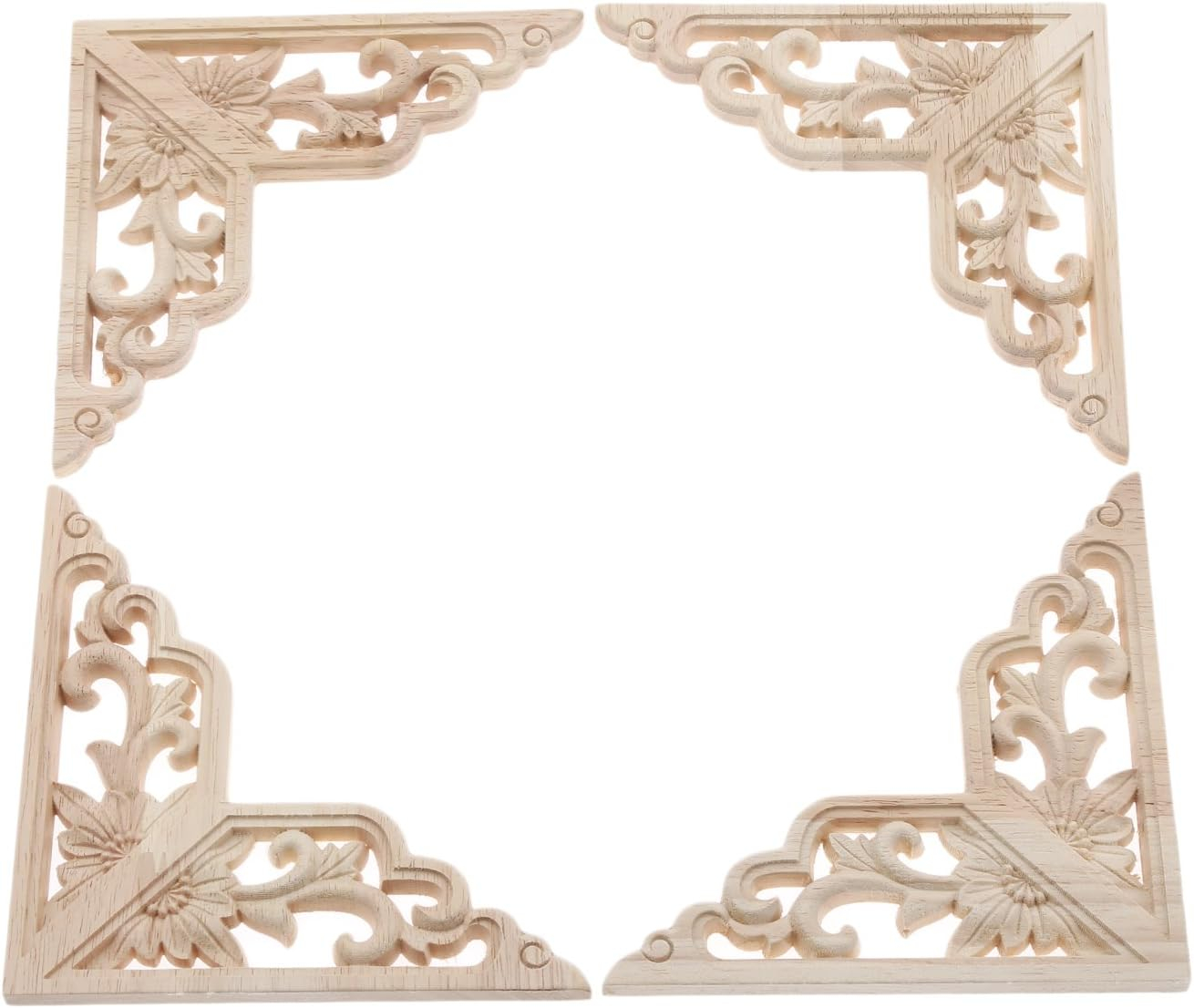 MUXSAM Wooden Decorative Appliques Onlays, 4-Pack Unpainted Wood Caravings Decals Inlays Overlays Corners Decor for Cabinet Dresser Cupboard Mirrors Walls Doors DIY Craft Project, 15x15cm/5.91"x5.91"