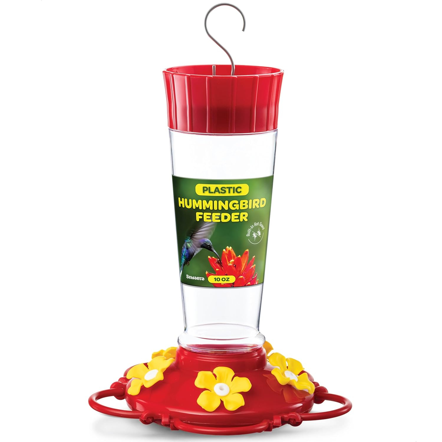 Hummingbird Feeder 10 oz Plastic Hummingbird Feeders for Outdoors, with Built-in Ant Guard - Circular Perch with 5 Feeding Ports - Wide Mouth for Easy Filling/2 Part Base for Easy Cleaning