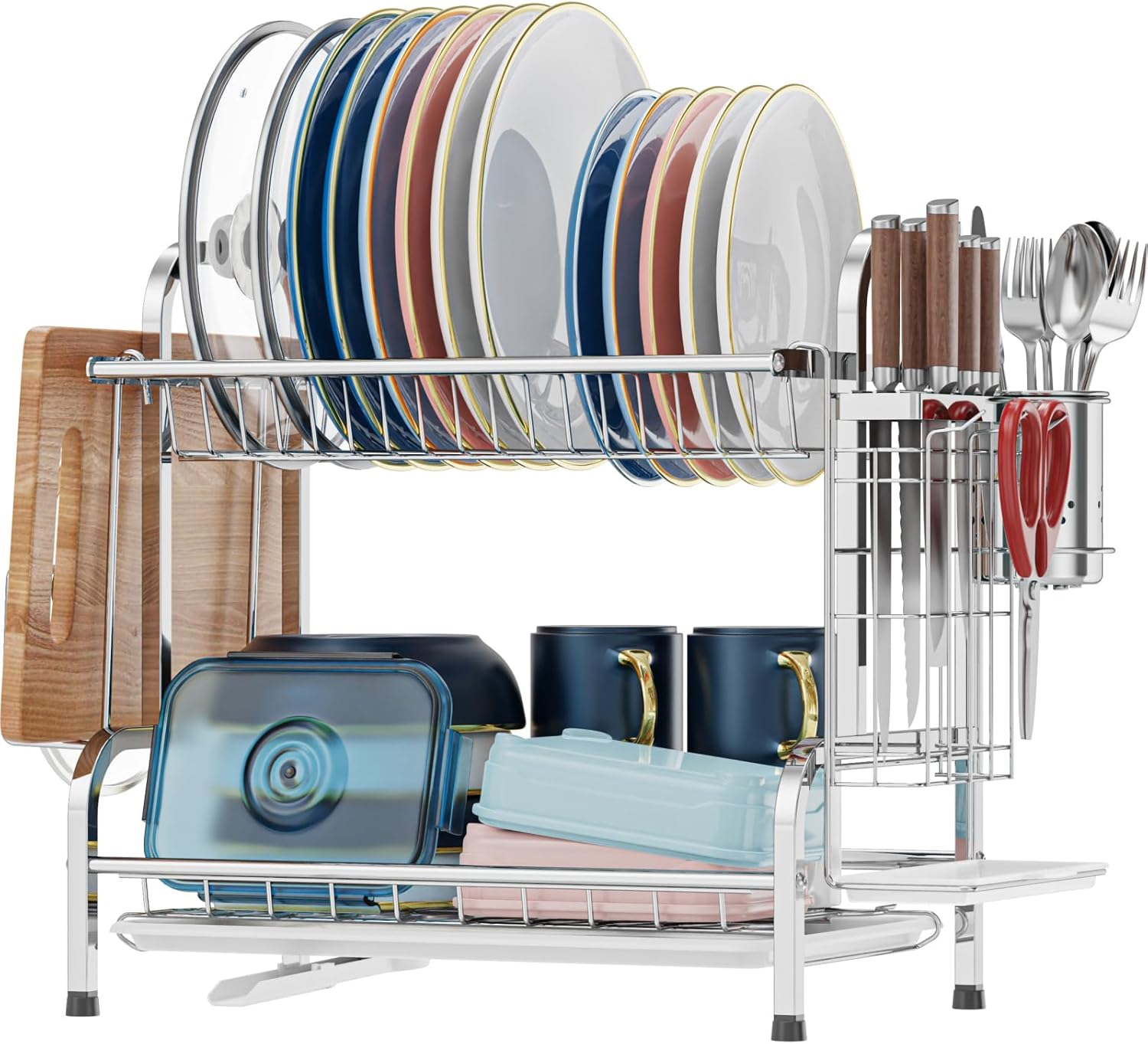 2 Tier Dish Drying Rack for Kitchen Counter，Stainless Steel Large Capacity Dish Rack with Detachable Dish Drainer Organizer，Utensil Holder and Drain Board