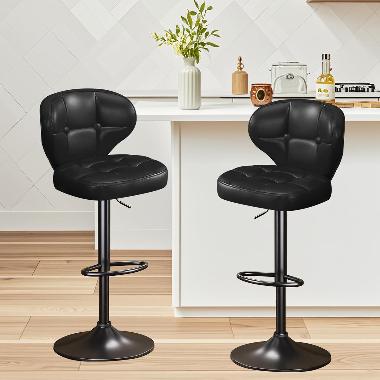 Bar Stools Set of 2, Adjustable Swivel Bar Chairs with 360° Rotation, Padded Counter Stools with Back and Footrest for Kitchen Island, Bistro, Cafe, and Home Use Black2
