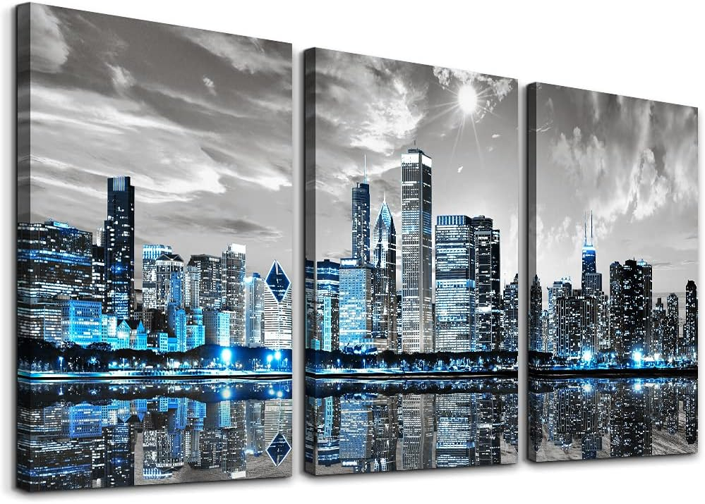 Modern Blue and Gray Chicago Skyline Canvas Wall Art Set