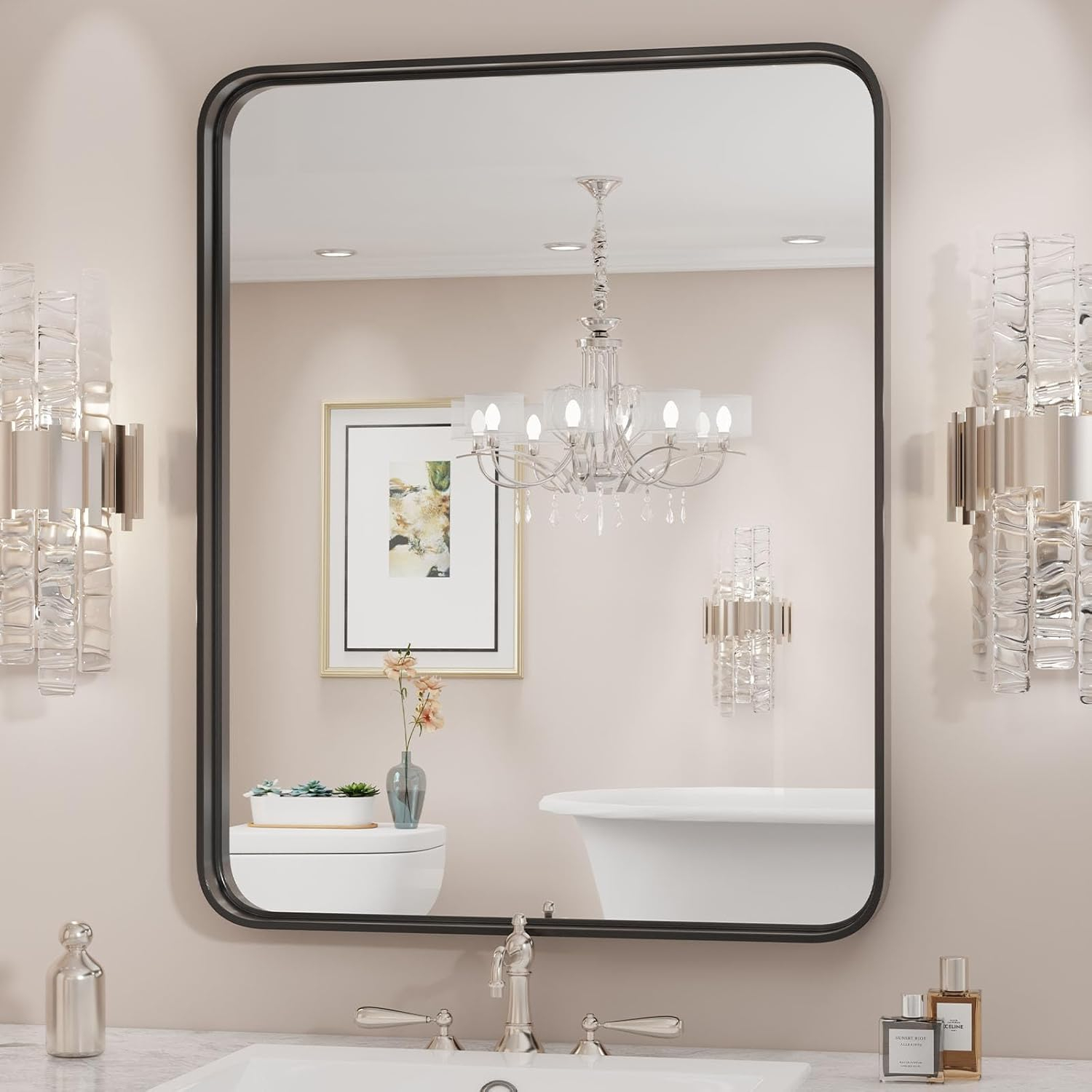 Sweetcrispy Black Bathroom Vanity Mirror for Wall, 24x36 Inch Metal Framed Wall Mirror Farmhouse Rectangle, Anti-Rust, Tempered Glass, Hangs Horizontally or Vertically
