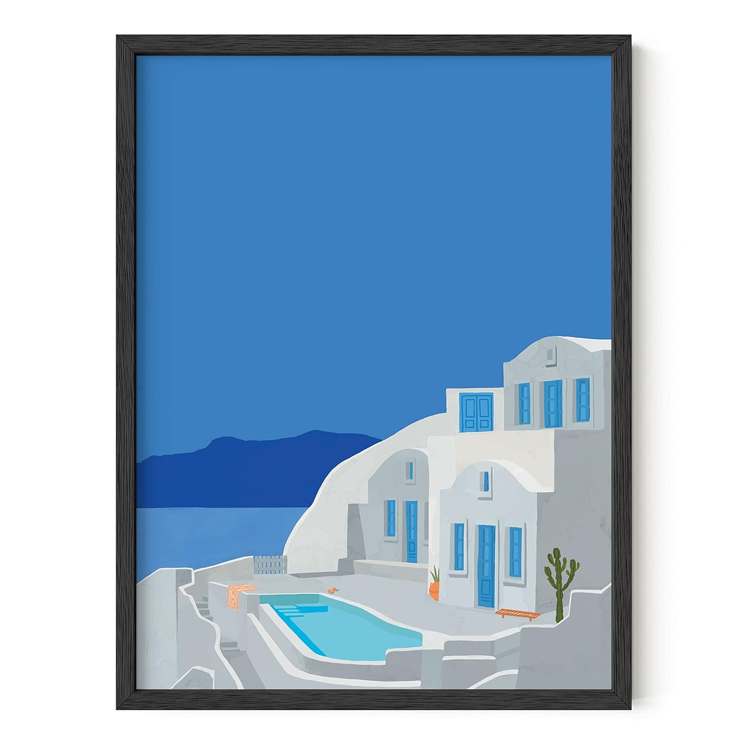 HAUS AND HUES Travel Greece Wall Art - Mediterranean poster, showcasing beautiful coastal vibes. Framed in black for a sleek finish (Black Frame, 12x16).