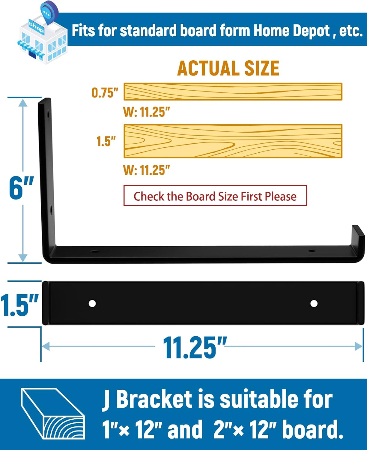 LEOPO 12 inch Shelf Bracket for DIY Floating Shelf, 1/5 inch Thick Heavy Duty Bracket, 4-Pack, 11.25” x 6” x 1.5”