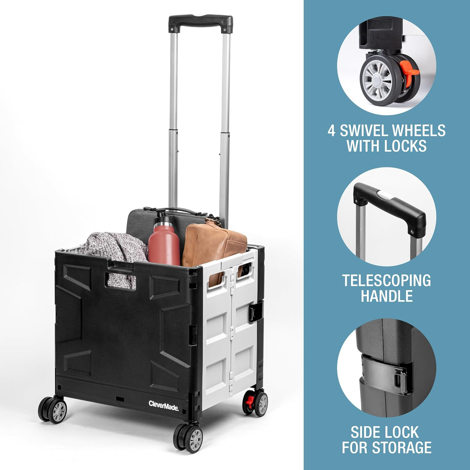 CleverMade Wheeled Storage Crate, 35L Capacity, Lockable Lid, Durable Polypropylene, 4 Wheels, Black/Cream