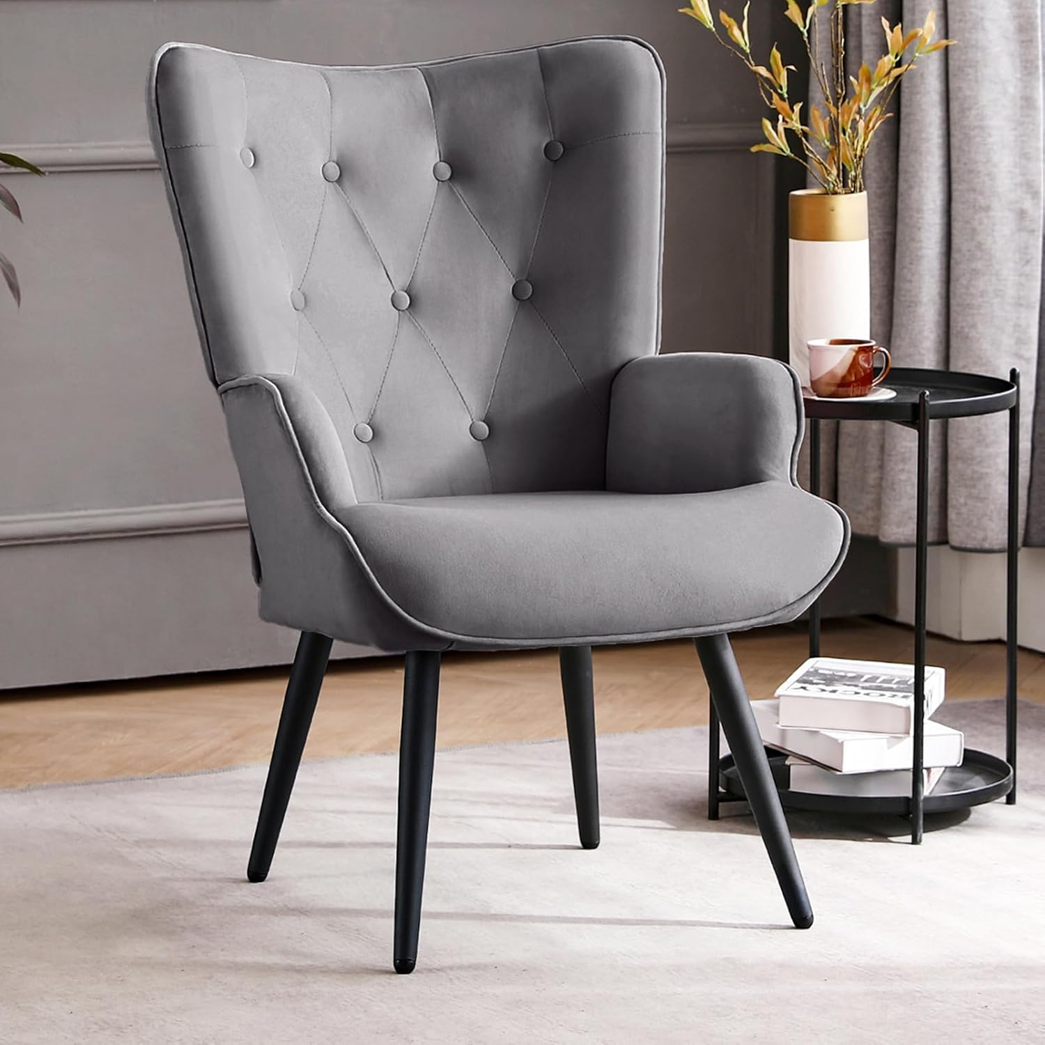 Furniliving Button-Tufted Wingback Chair Velvet Accent Chair,Grey