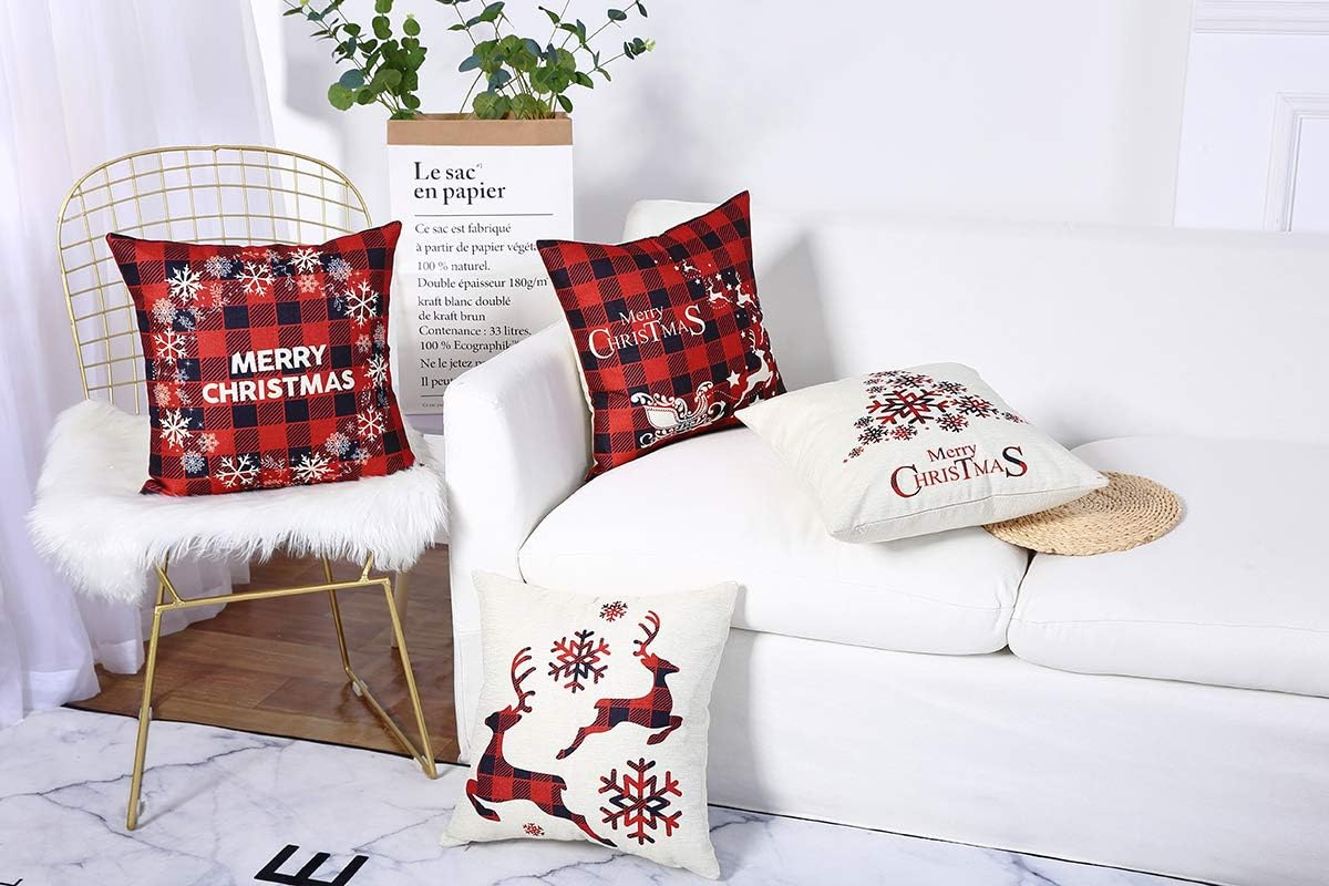 18x18 Christmas Throw Pillow Covers, Decorative Outdoor Farmhouse Merry Christmas Xmas Christmas Tree Pillow Shams Cases Slipcovers Set of 4 for Couch Sofa