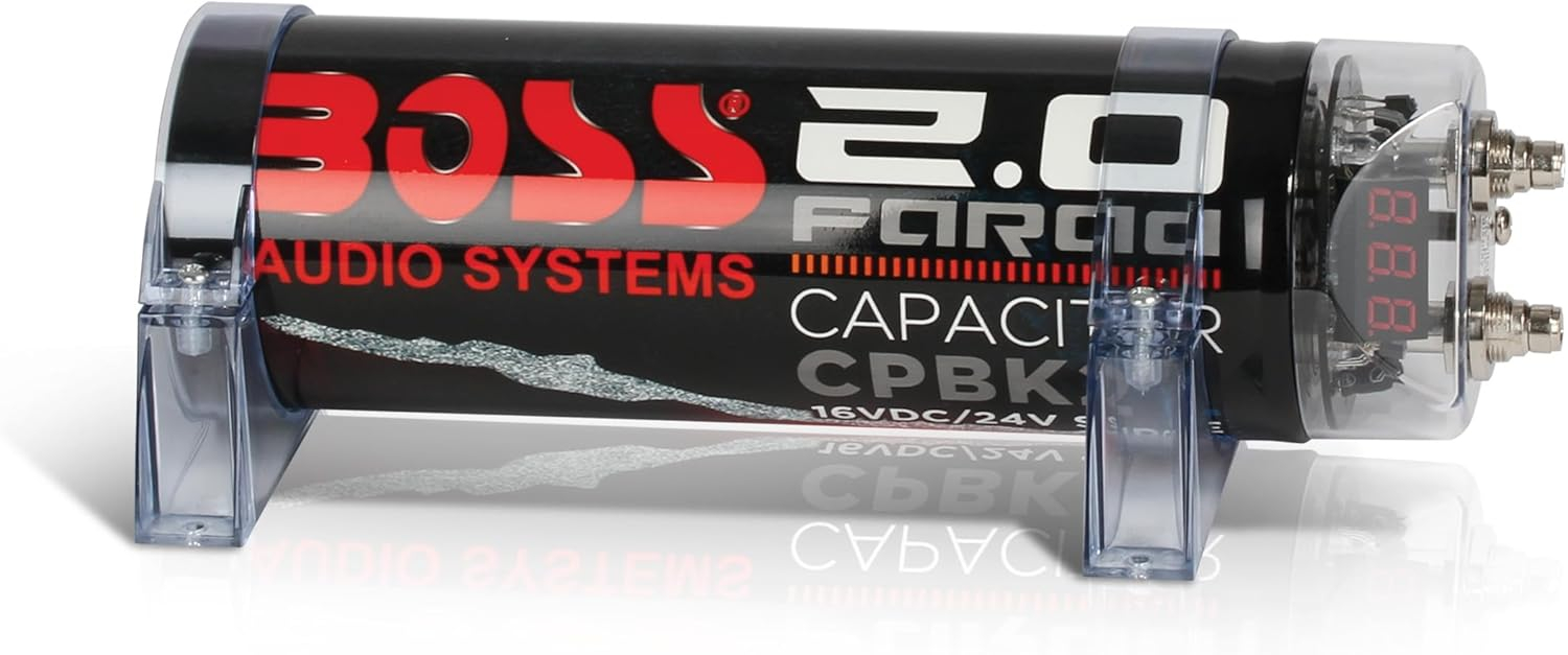 BOSS Audio Systems Cap18 - 18 Farad Car Audio Capacitor - Energy Storage, Enhance Bass From Stereo, Warning Reverse Polarity Tone, Voltage Overload Low Battery Voltage Led, For Amplifier and Subwoofer