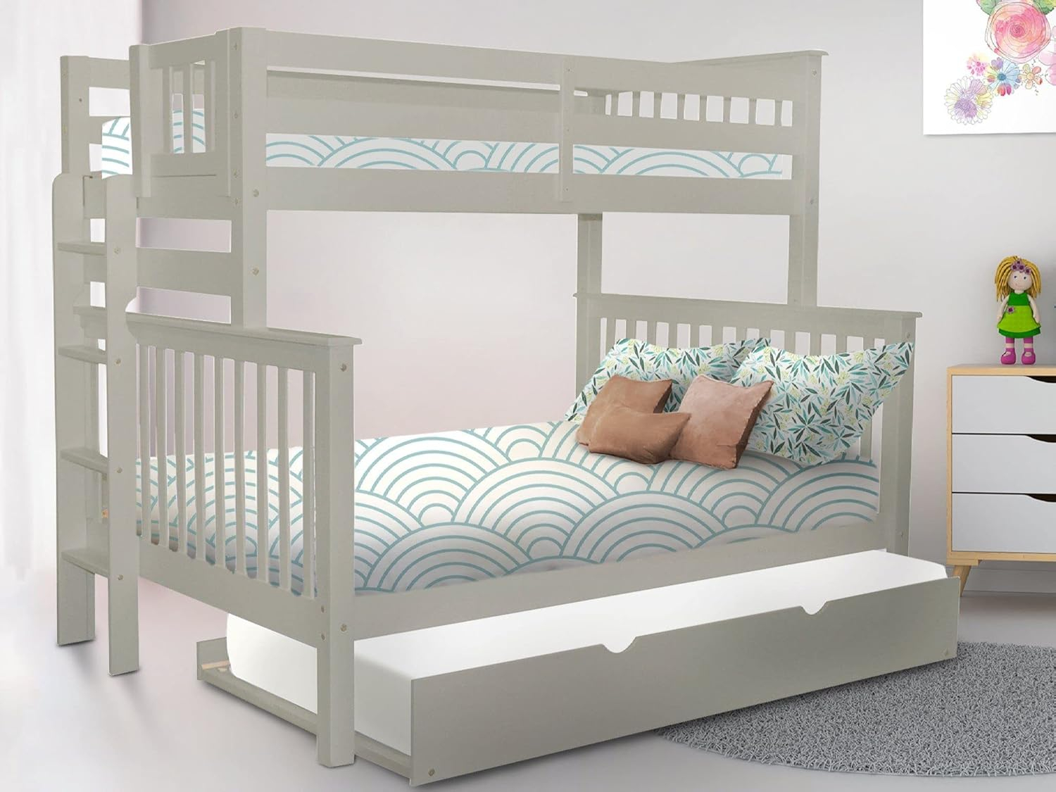 Bedz King Bunk Beds Twin over Full Mission Style with End Ladder and a Twin Trundle, Gray