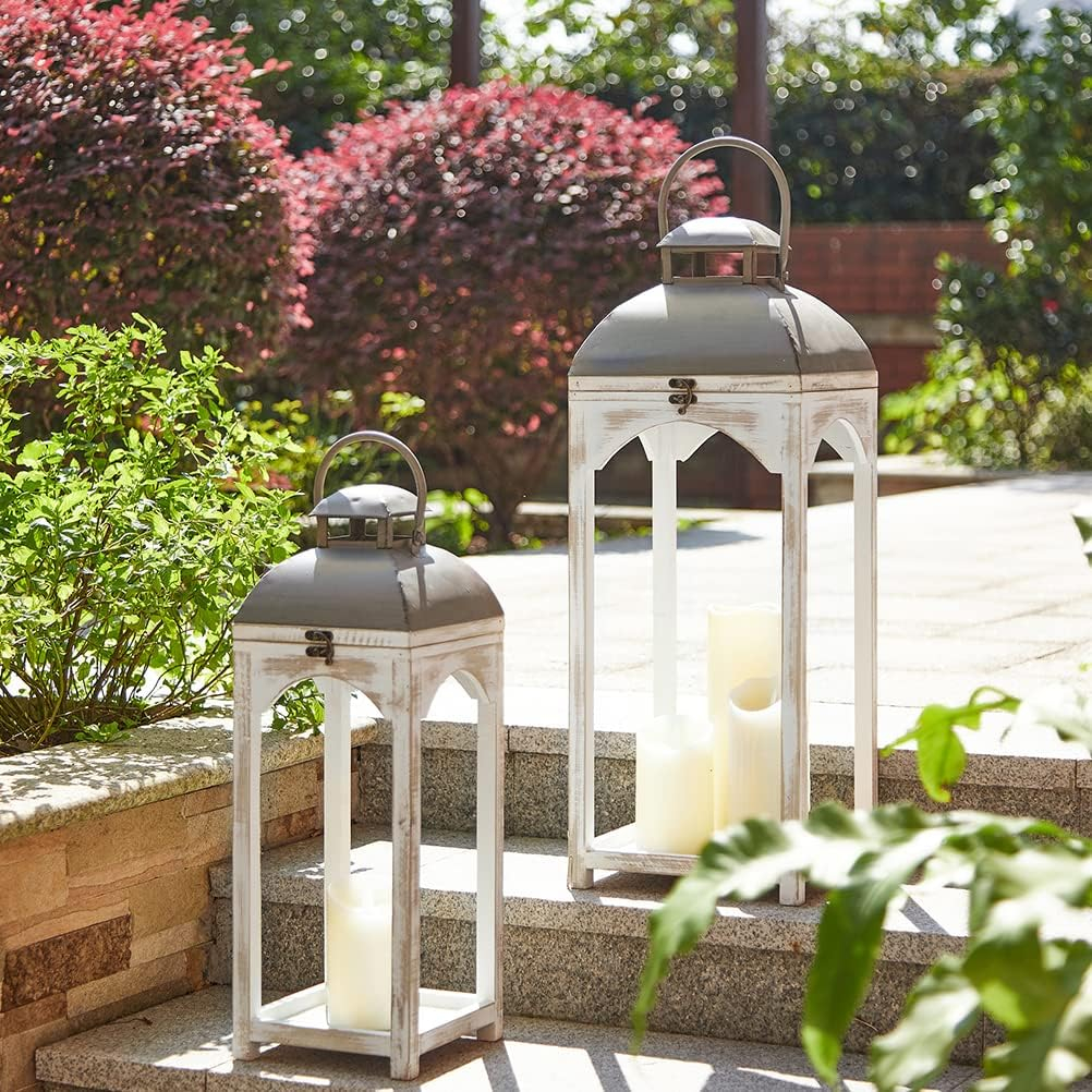 Farmhouse Wood Metal Lanterns Decorative Hanging Candle Lanterns White Set of 2 (No Glass)