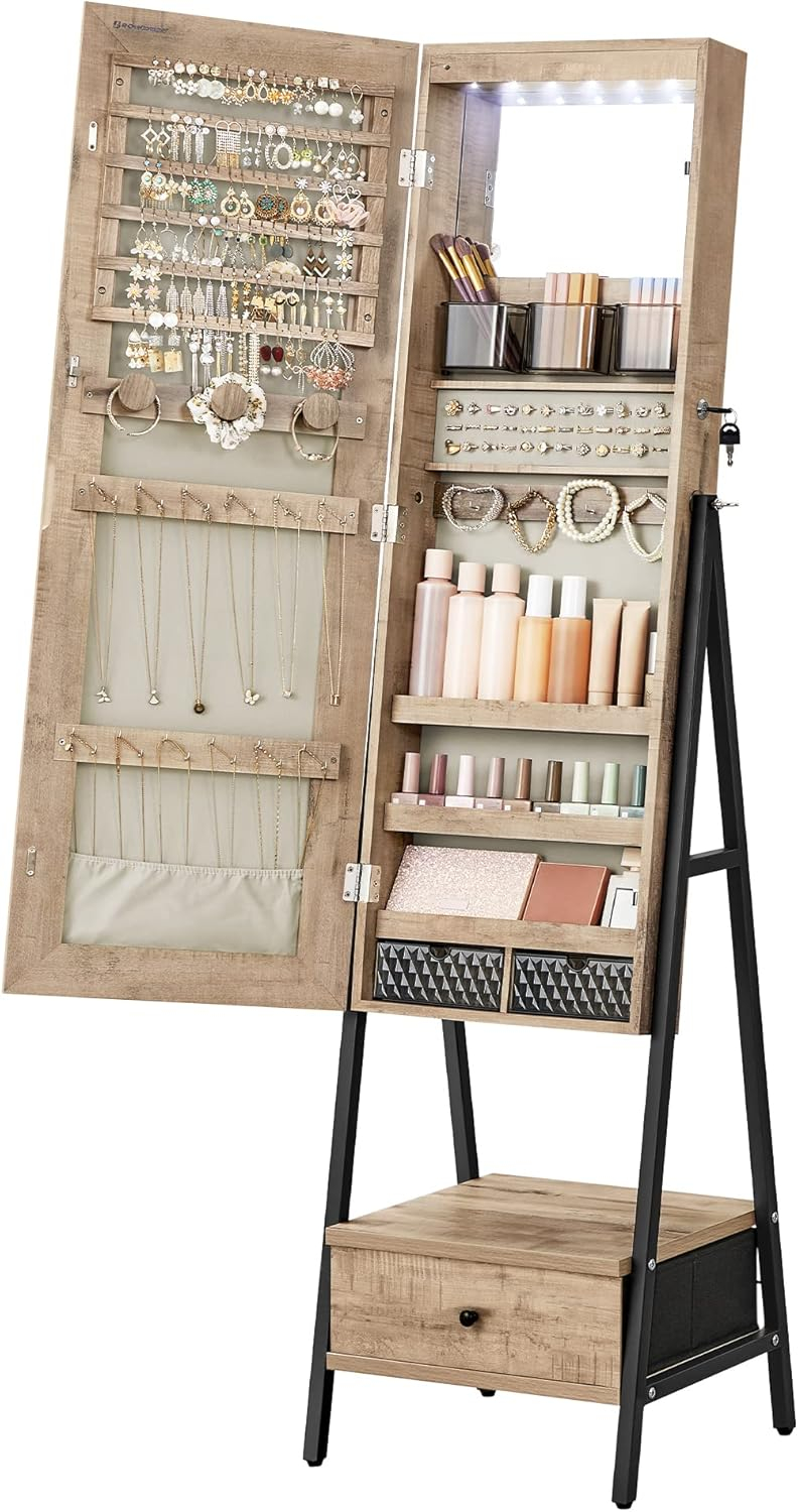 SONGMICS LED Mirror Jewelry Cabinet Standing, Lockable Jewelry Armoire with Full-Length Mirror, Space-Saving Jewelry Organizer with Mirror, Drawer and Shelf, Toasted Oak Color UJJC025N01