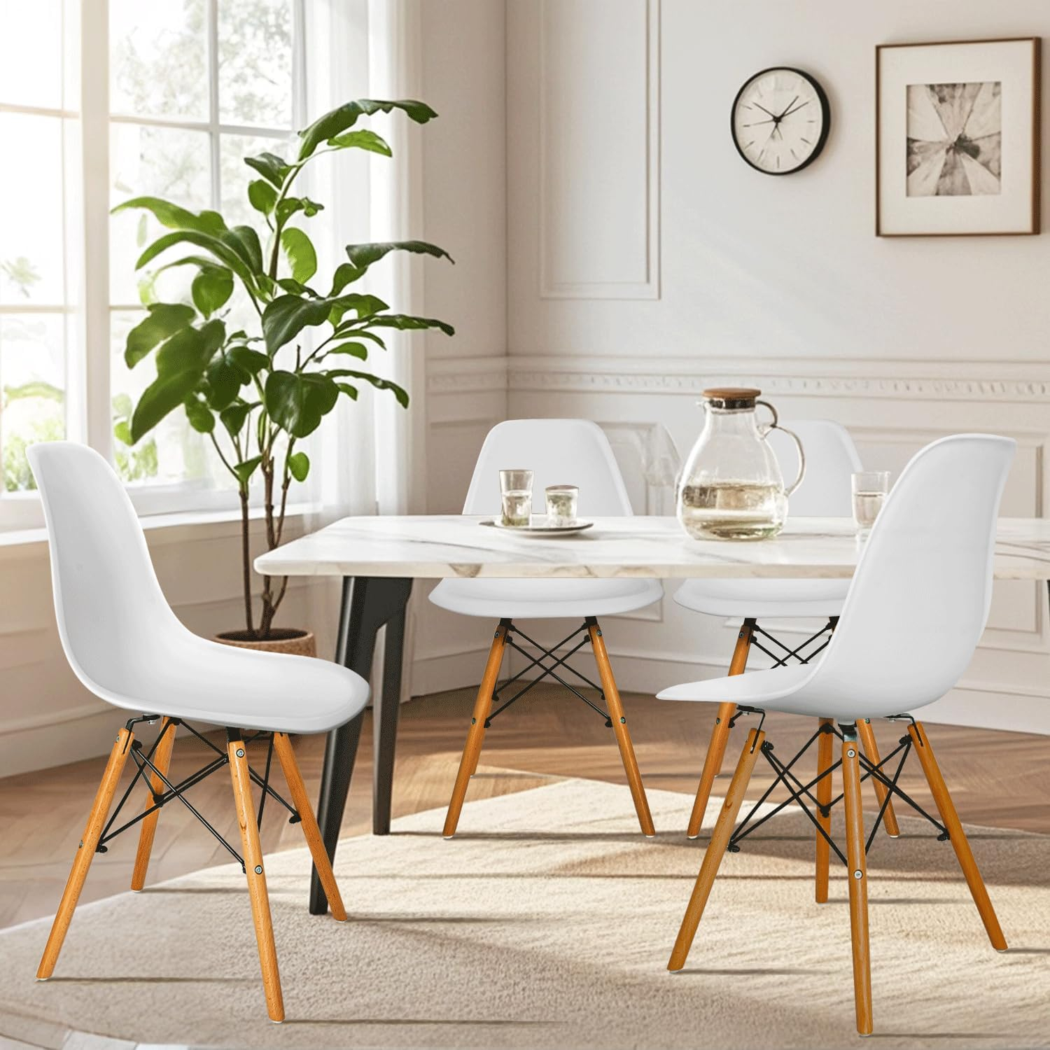 CangLong Modern Style Dining Chairs, Mid Century Plastic Dining Chair with Wood Legs, for Kitchen, Dining, Bedroom, Living Room, Set of 4, White