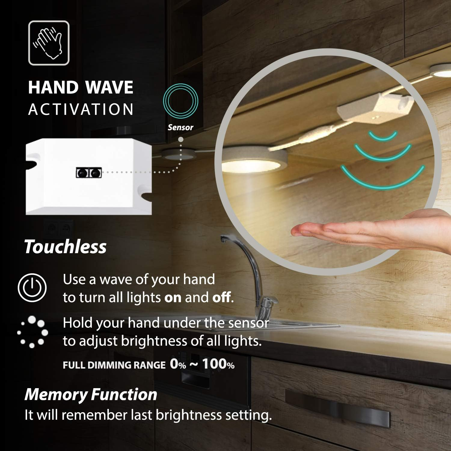 EShine Under Cabinet Puck Lights with Hand Wave Sensor - Circular LED Cabinet Lights - Dimmable - Pack of 3, Warm White (3000K)