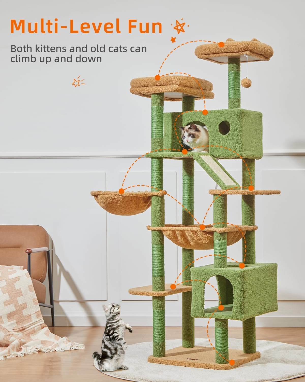 71-Inch Large Cat Tree For Large Cats Plush Multi-Level Cat Condo With 8 Scratching Posts 2 Perches Cave Hammock 2 Pompoms Scratch Board