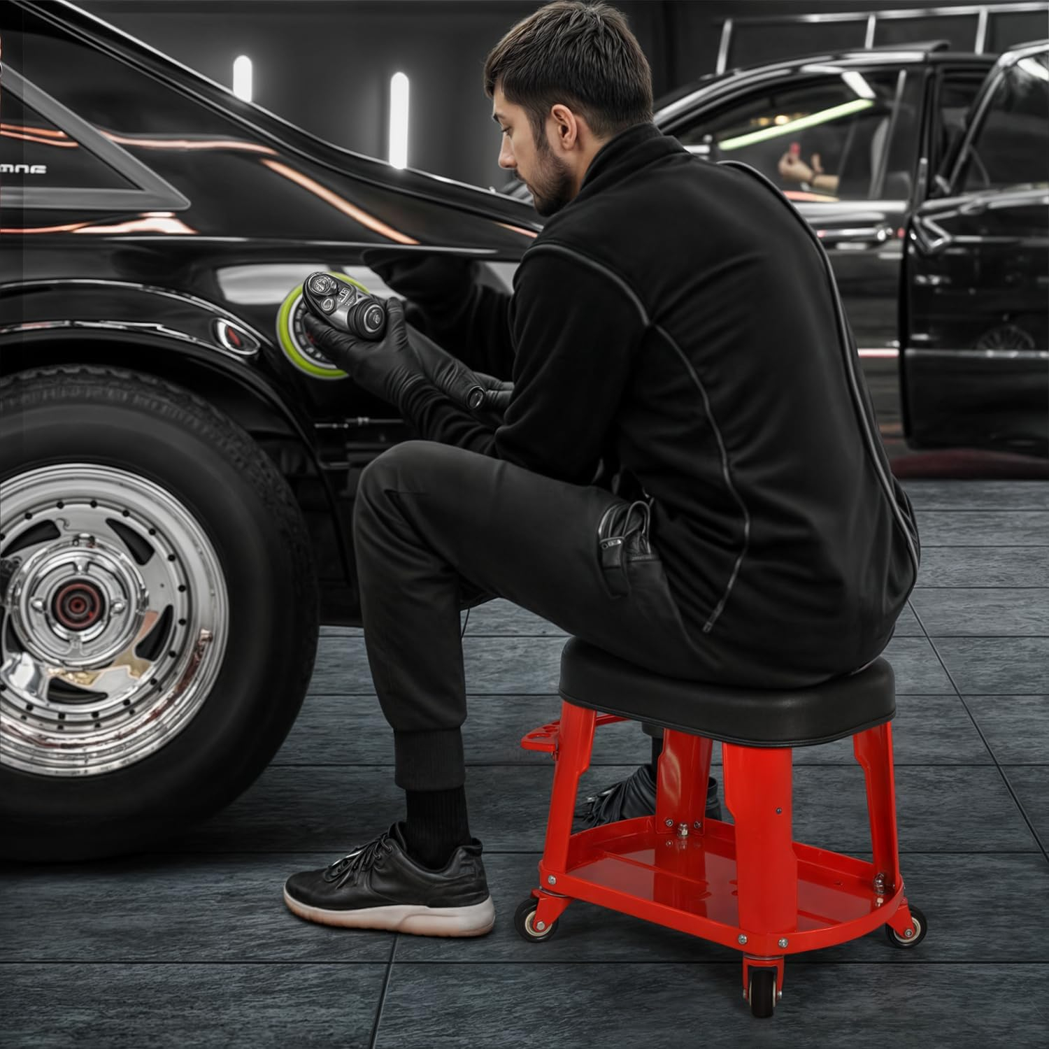 M-AUTO Rectangular Rolling Creeper Garage/Shop Seat Mechanic Roller Stool with Tool Tray Storage, 300 lbs Capacity - Red