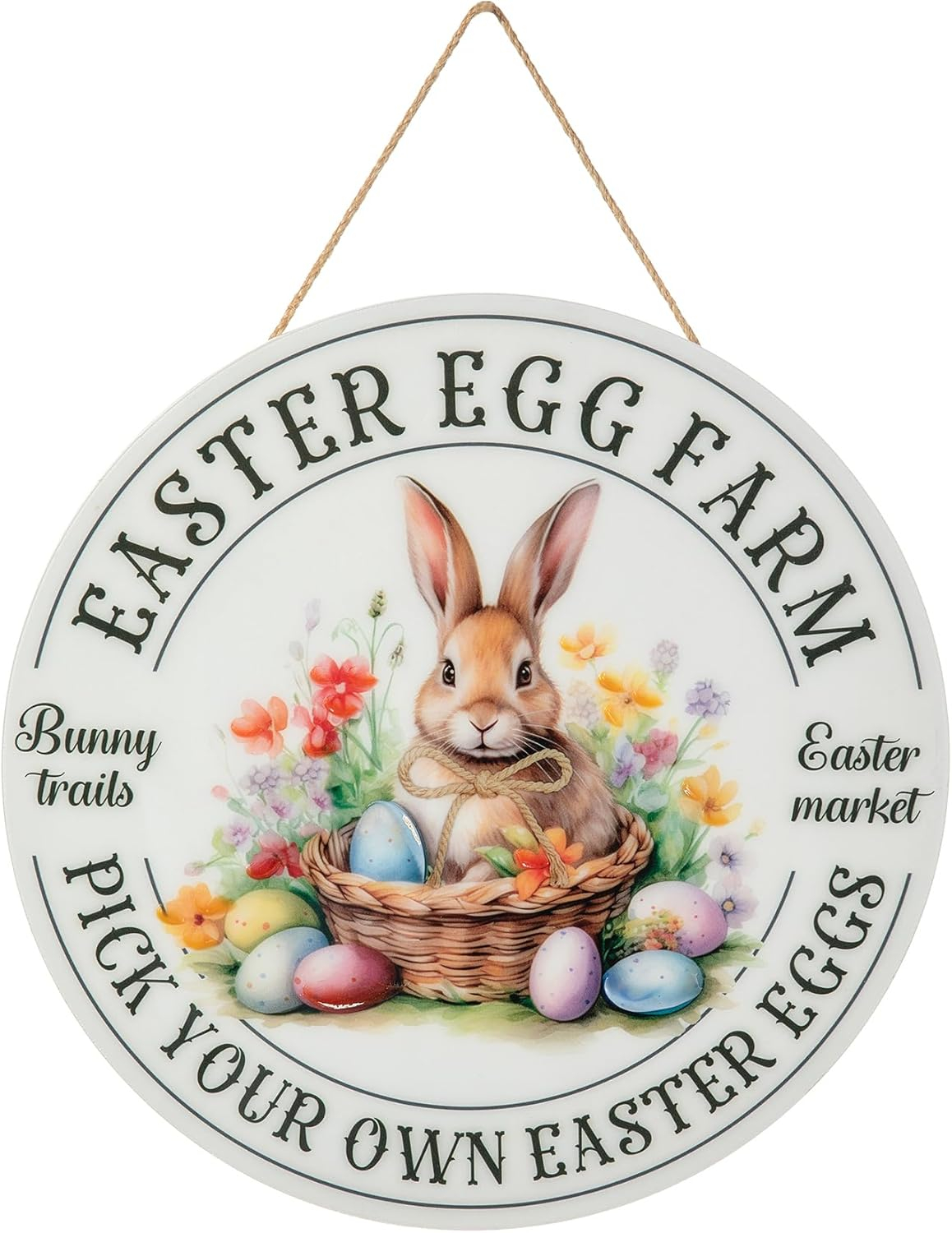 Glitzhome Easter Wooden Hanging Sign, 11.75"D Round Easter Bunny Eggs Sign Door Decoration, Rustic Easter Rabbit Wood Wreath Sign for Easter Spring Holiday Front Door Wall Farmhouse Porch Decor