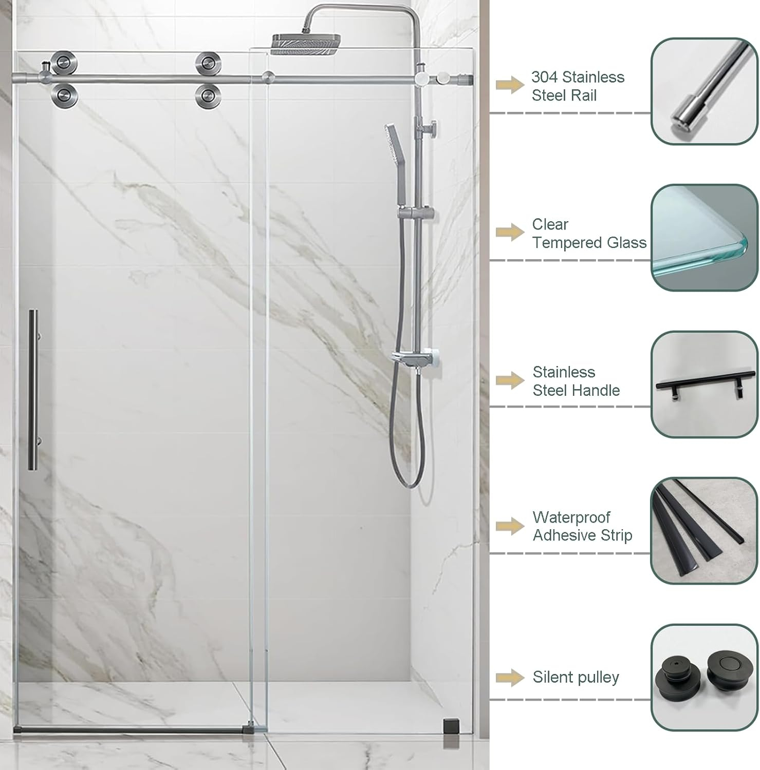 Frameless Sliding Shower Door, 76 x (44-48) Inch Frameless Shower Door, 5/16" (8mm) Clear Tempered Glass in Brushed Nickel Finish, Glass Shower Door