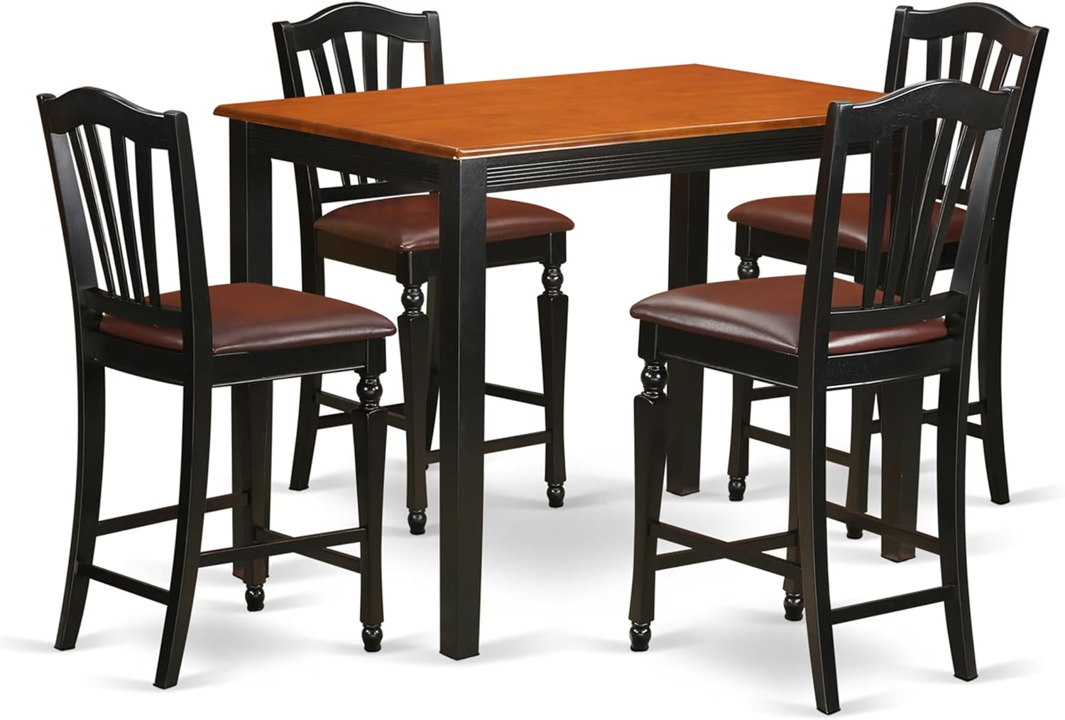 East West Furniture YACH5-BLK-LC 5 Piece Counter Height Pub Set Includes a Rectangle Dining Room Table and 4 Faux Leather Upholstered Kitchen Chairs, 30x48 Inch, Black & Cherry