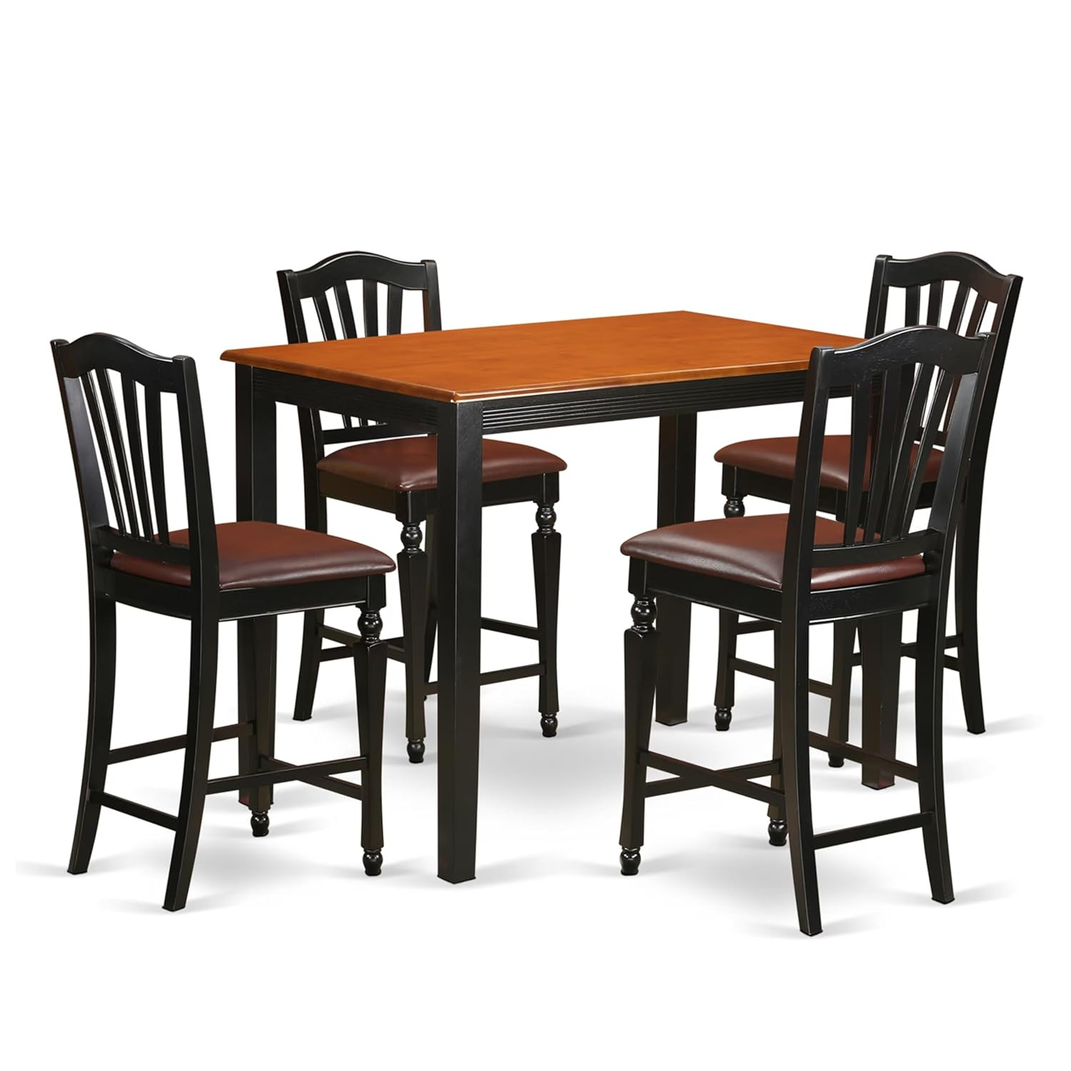 East West Furniture YACH5-BLK-LC 5 Piece Counter Height Pub Set Includes a Rectangle Dining Room Table and 4 Faux Leather Upholstered Kitchen Chairs, 30x48 Inch, Black & Cherry