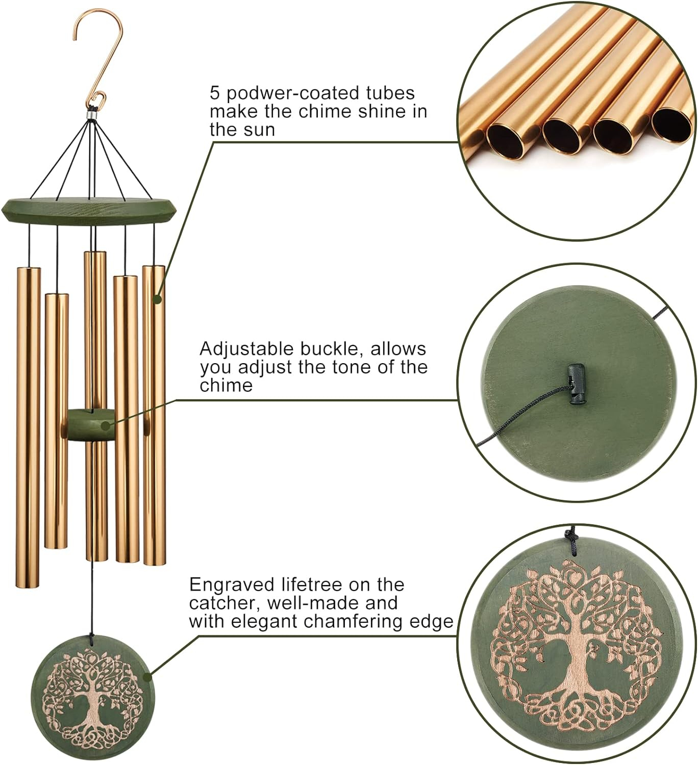 Wind Chimes for Outside Engraved Tree of Life 36 Large Deep Tone Wind Chime, Memorial Sympathy Gift Wind Chimes for Loved One Or Home Garden Patio Backyard Hanging Decor, Gold.