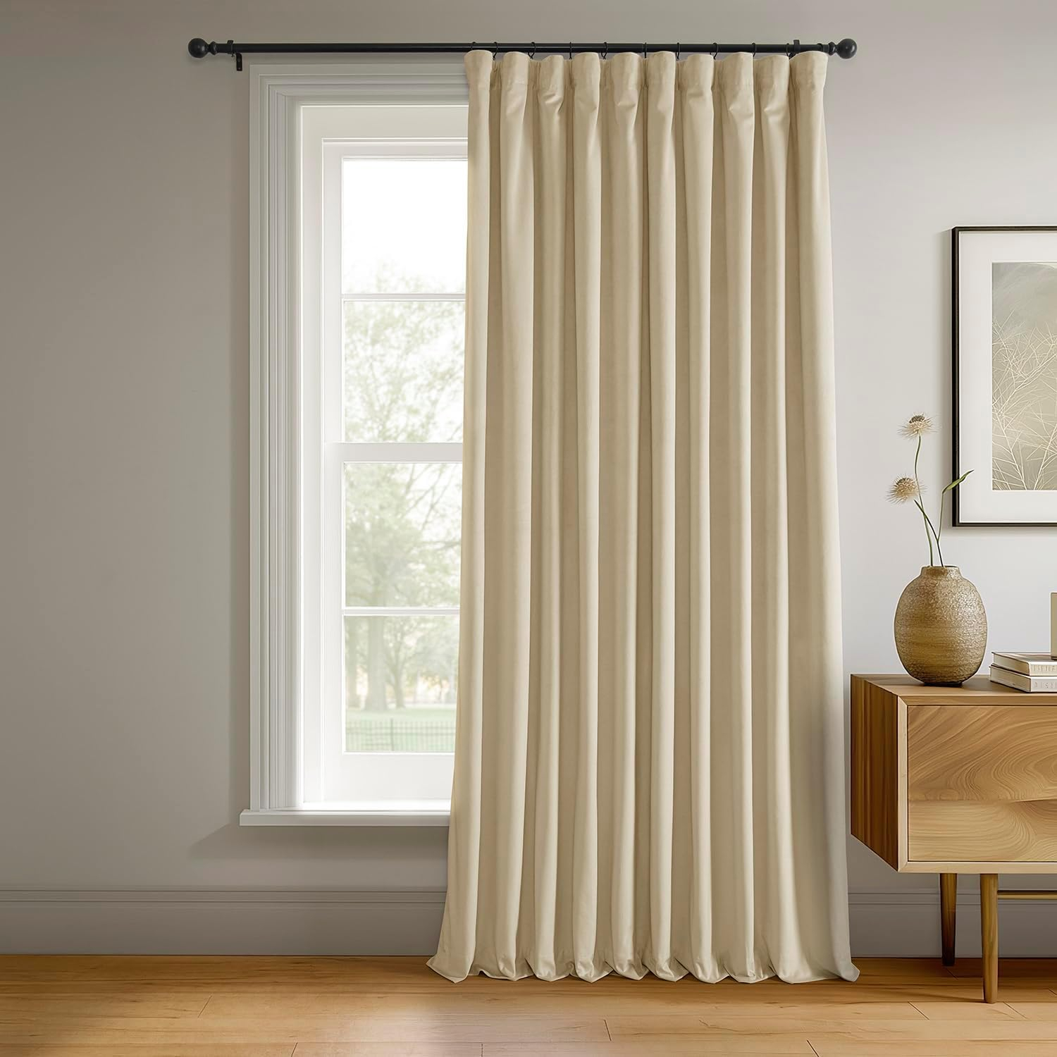 Exclusive Fabrics  Signature Extra Wide Blackout Velvet Curtains (1 Panel) - Luxurious Blackout Drapes Neutral Ground 100 x 84 84 Inches