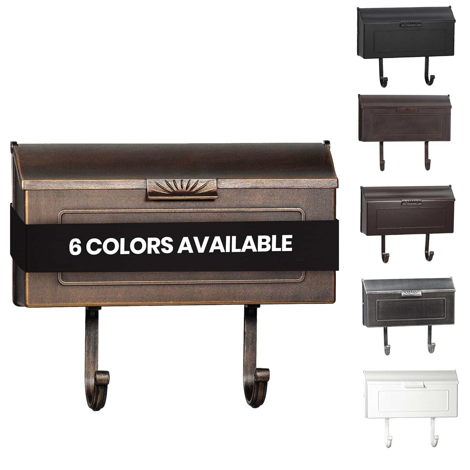 Cast Aluminum Metal Mailbox with Newspaper Hooks, Easy to Install Wall Mount, Heavy Duty, Rustproof Powder Coated Paint, Horizontal Mail Box for Outside House Porch - 16” x 4.25” x 8.25” (Black)