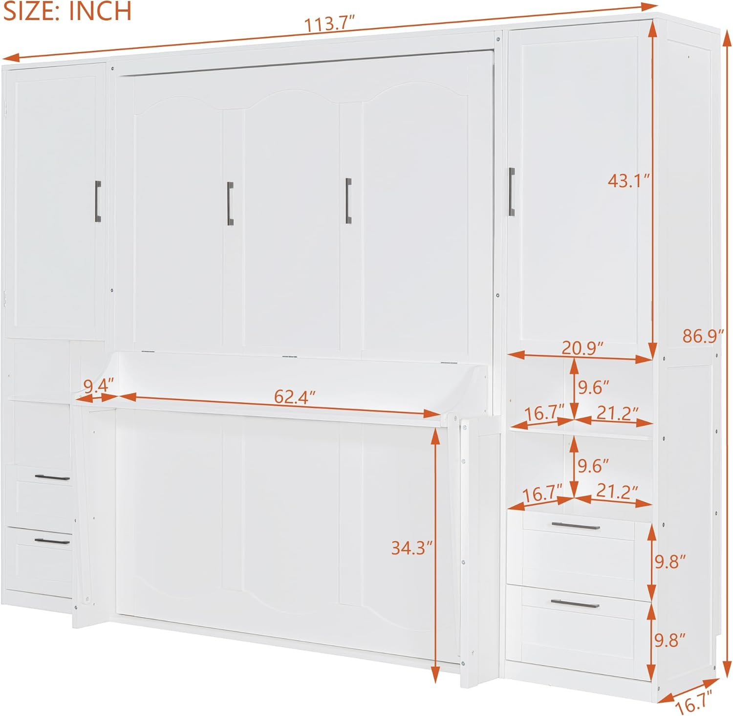 Harper & Bright Designs Queen Size Murphy Bed, Wooden Queen Wall Bed with Closet, Drawers and Shelves, White