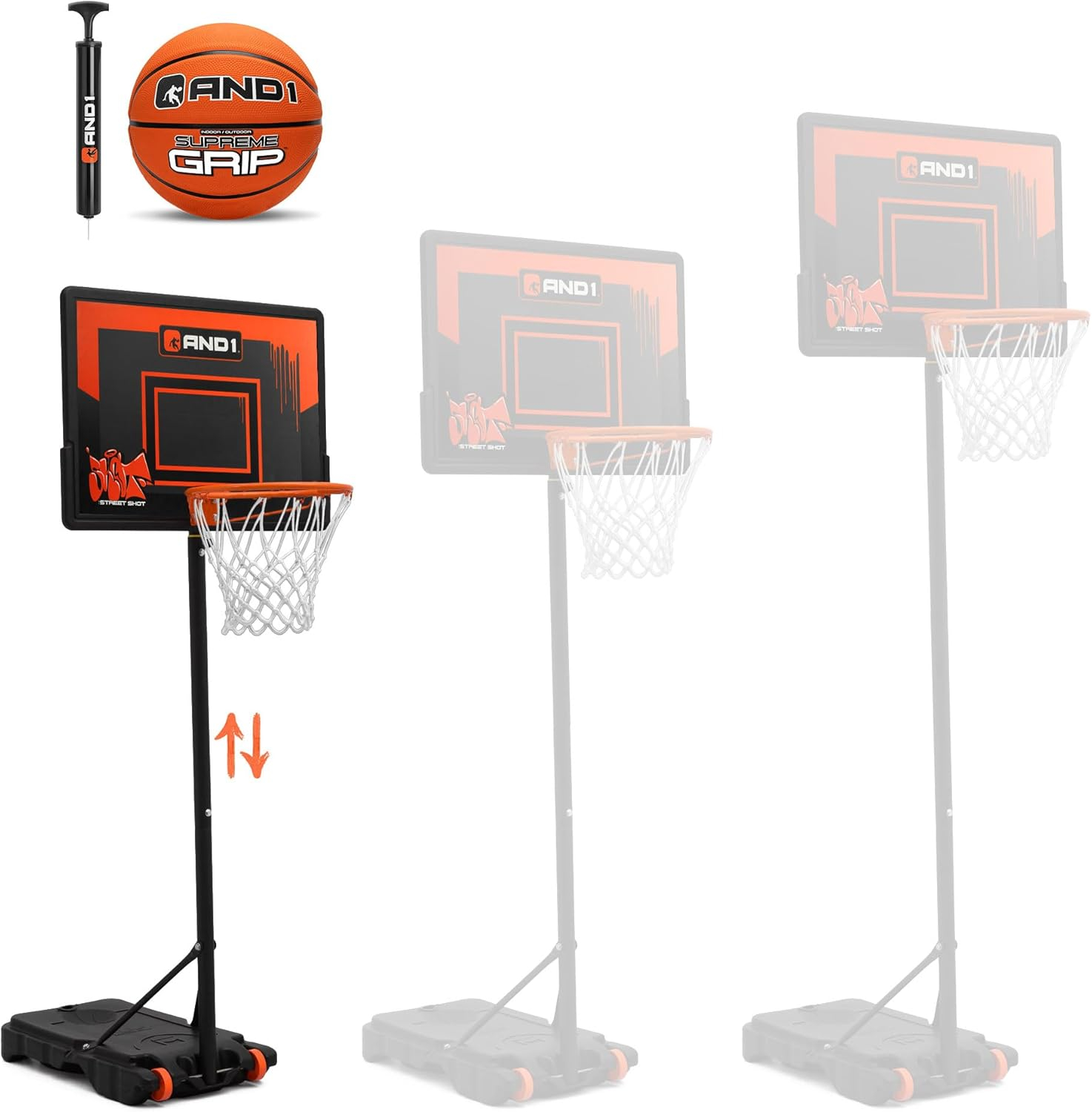 AND1 32" Youth Basketball Hoop & Basketball Bundle - Adjustable Portable Outdoor Hoop, 5-7 ft Adjustable Height