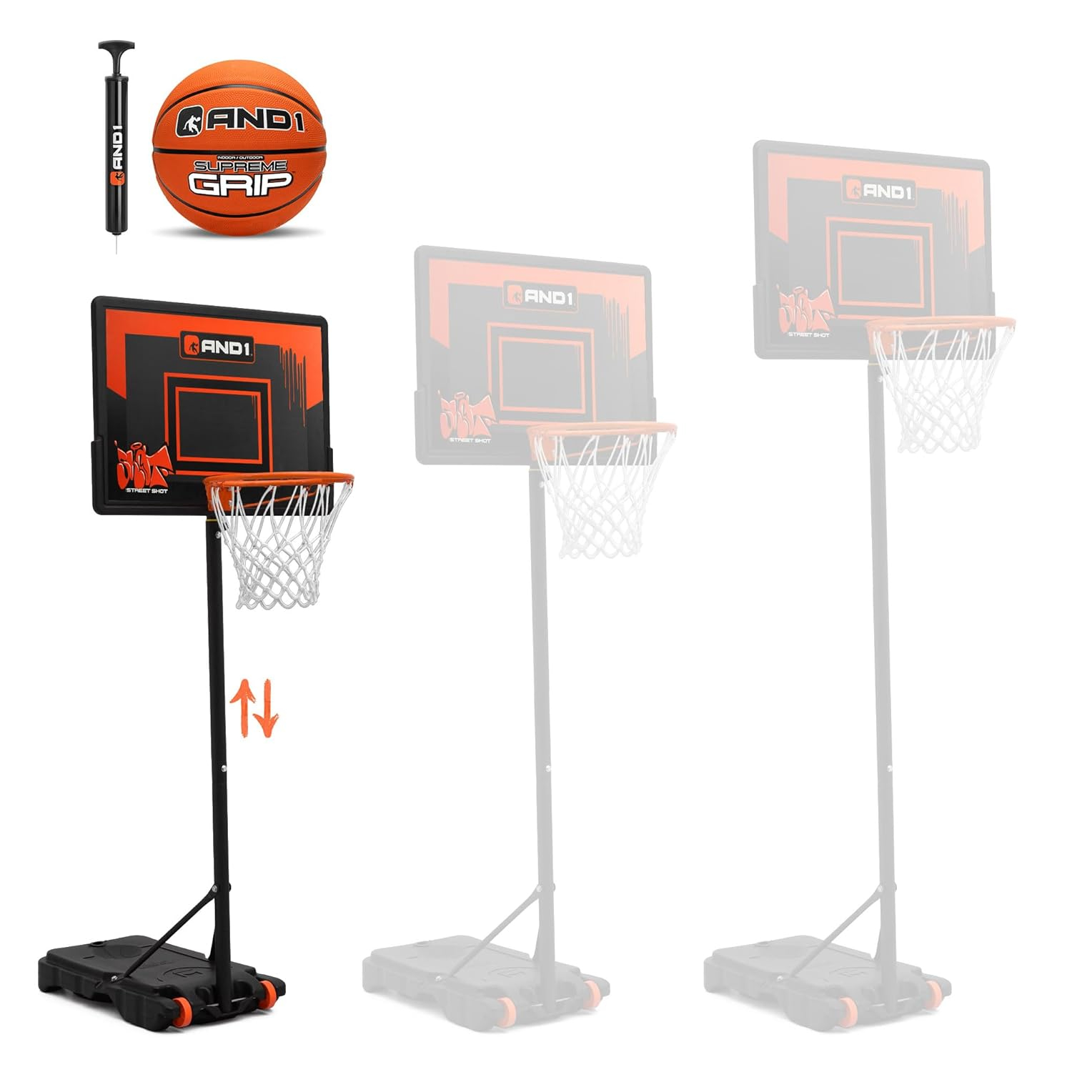 AND1 32" Youth Basketball Hoop & Basketball Bundle - Adjustable Portable Outdoor Hoop, 5-7 ft Adjustable Height