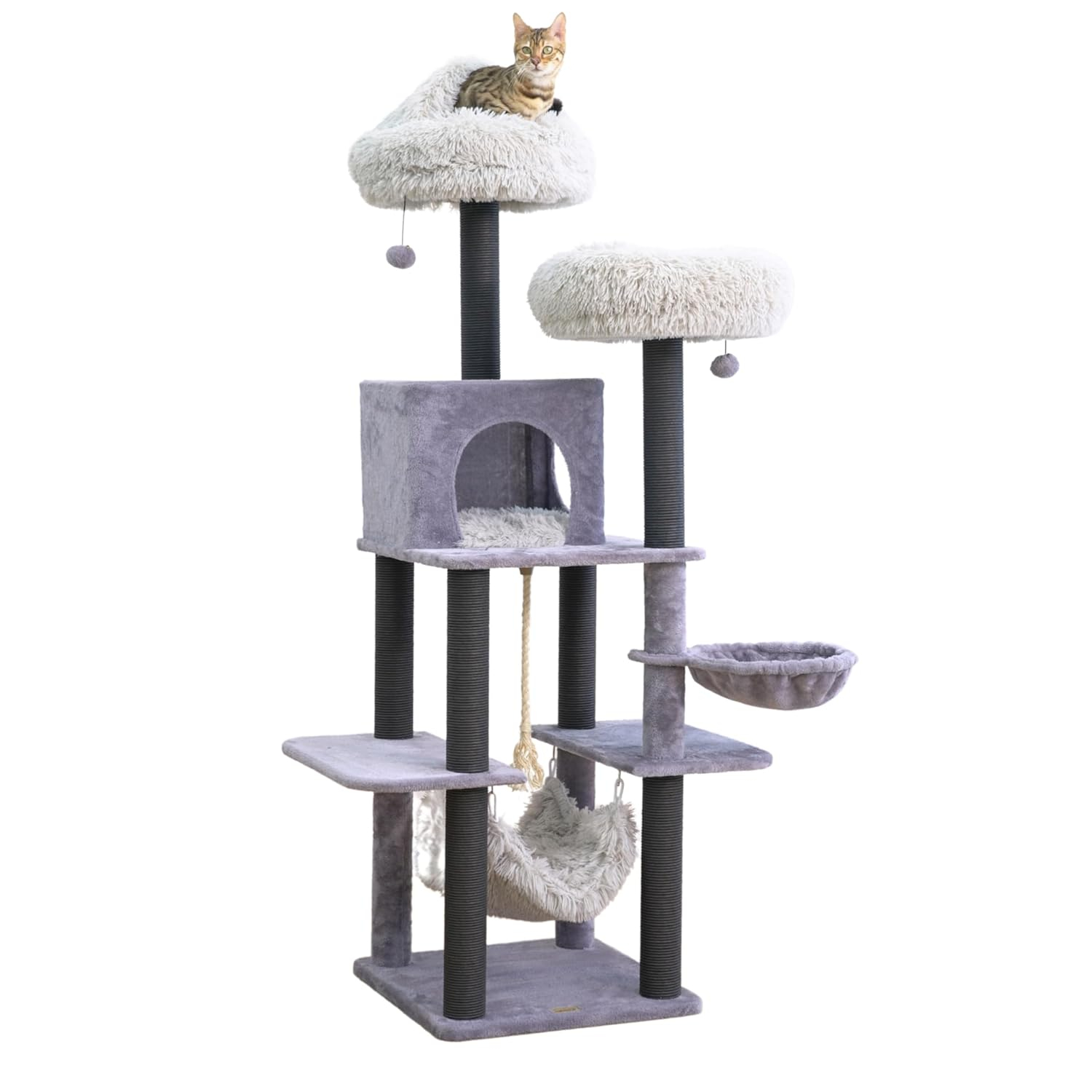 Catry Bradbury 7-Level 62.5” Modern Cat Tree with Replaceable Scratching Posts,Big Condo,Two Washable Beds, Two Hammocks,Quick Assembly, for Multi-Cat Homes(Cloud Gray)