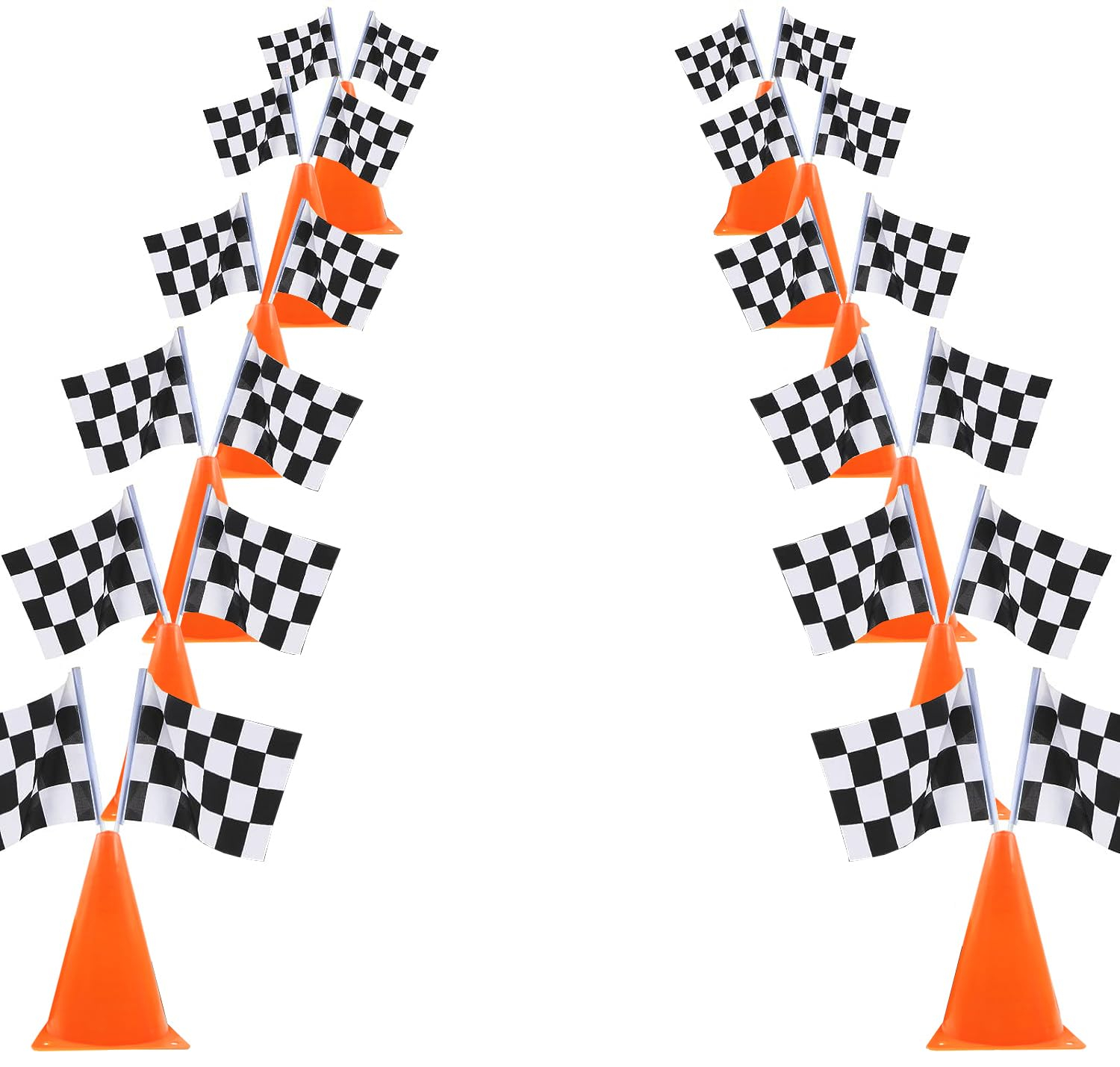 6 Pack 7inch Orange Race Cones with Holes on Top,12 Pack Checkered Flags,Racing Car Birthday Party Decorations,Two Fast Centerpieces,Race Cars Themed Party Supplies