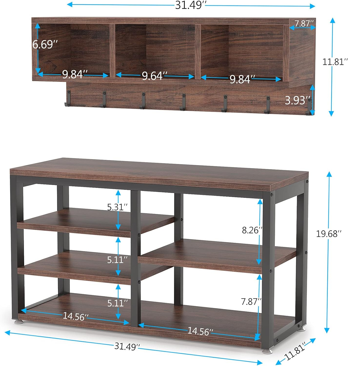 Tribesigns Coat Rack Shoe Bench Set Hall Tree with Shoe Bench Industrial Shoe Rack Bench with Coat Rack 3 Storage
