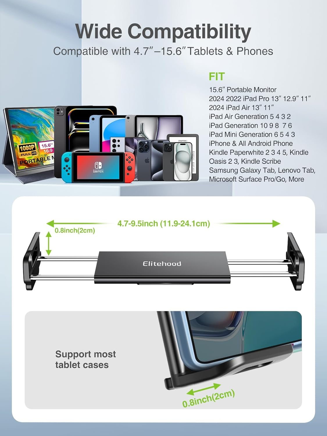 elitehood Aluminum iPad Stand Tripod, 65'' Adjustable Tablet Tripod Holder, 360 Degree Rotating iPad Holder Stand for Floor, Compatible with 4.7-13" Tablets and Phones– Black