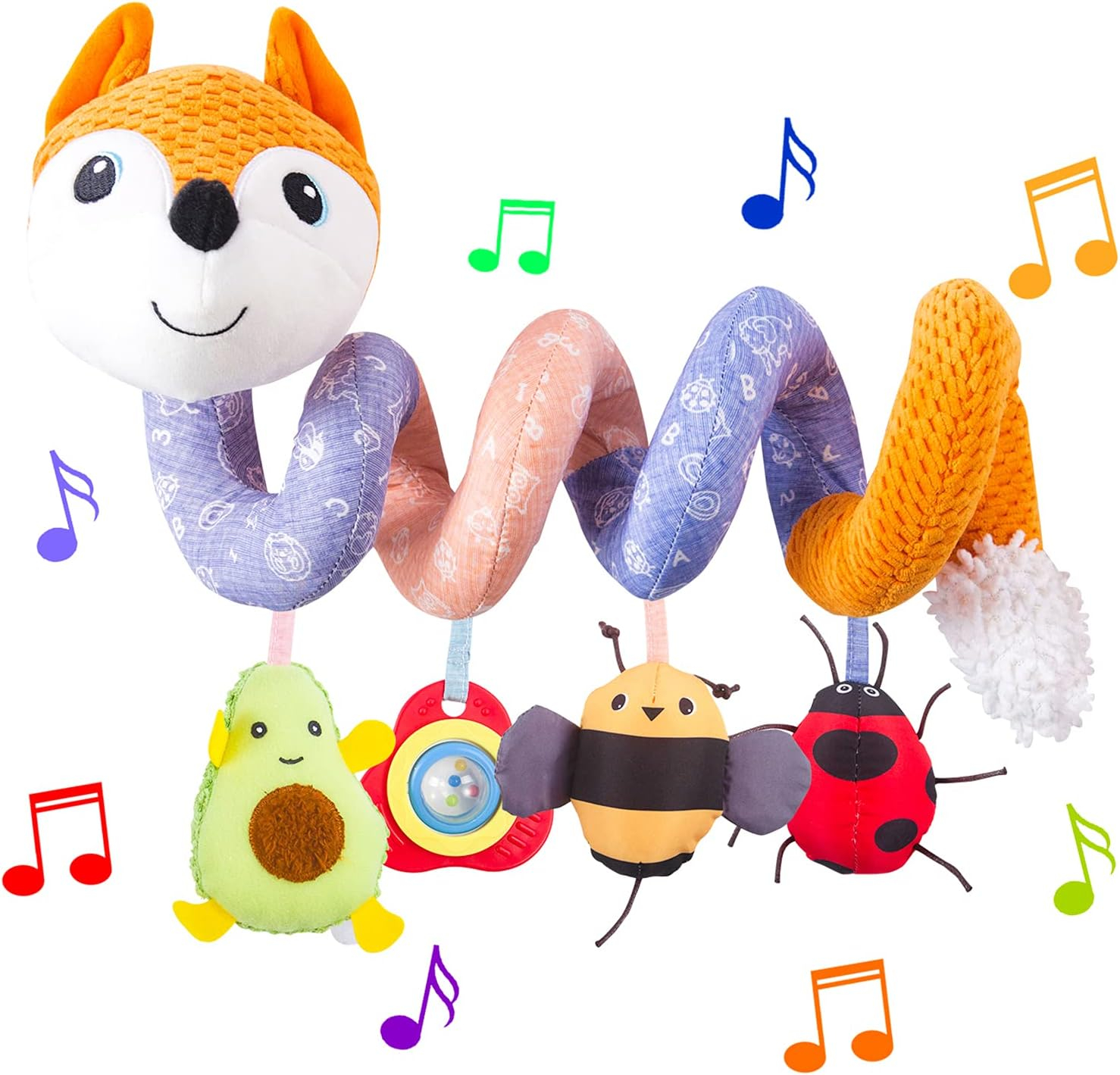 HILENBO Car Seat Toys, Infant Baby Orange Fox Spiral Plush Activity Hanging Toys for Car Seat Stroller Bar Crib Bassinet Mobile with Music Box BB Squeaker and Rattles?Orange?