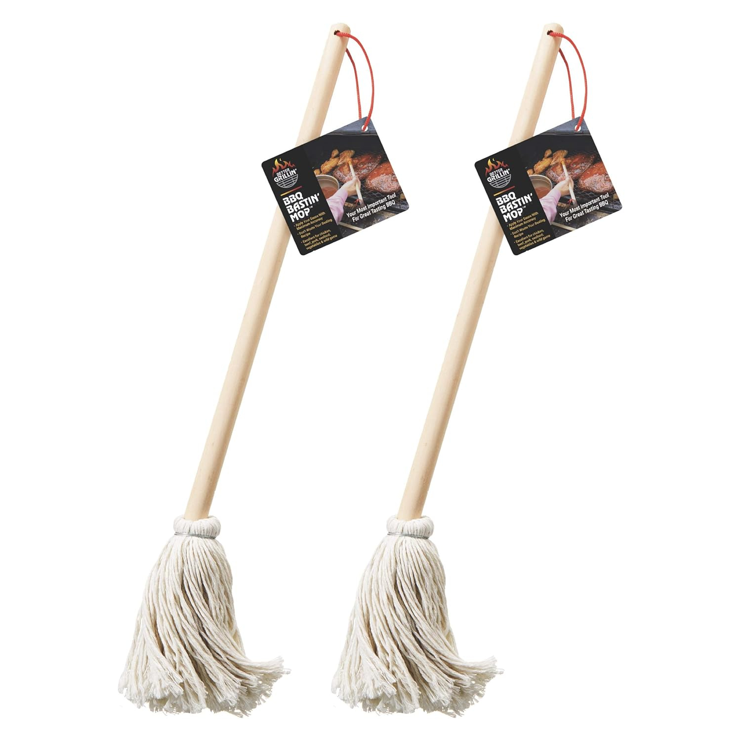 Better Grillin BBQ Basting Mop Brush, Applies Marinades & Sauces, Washable, 16" Handle, 2 Pack