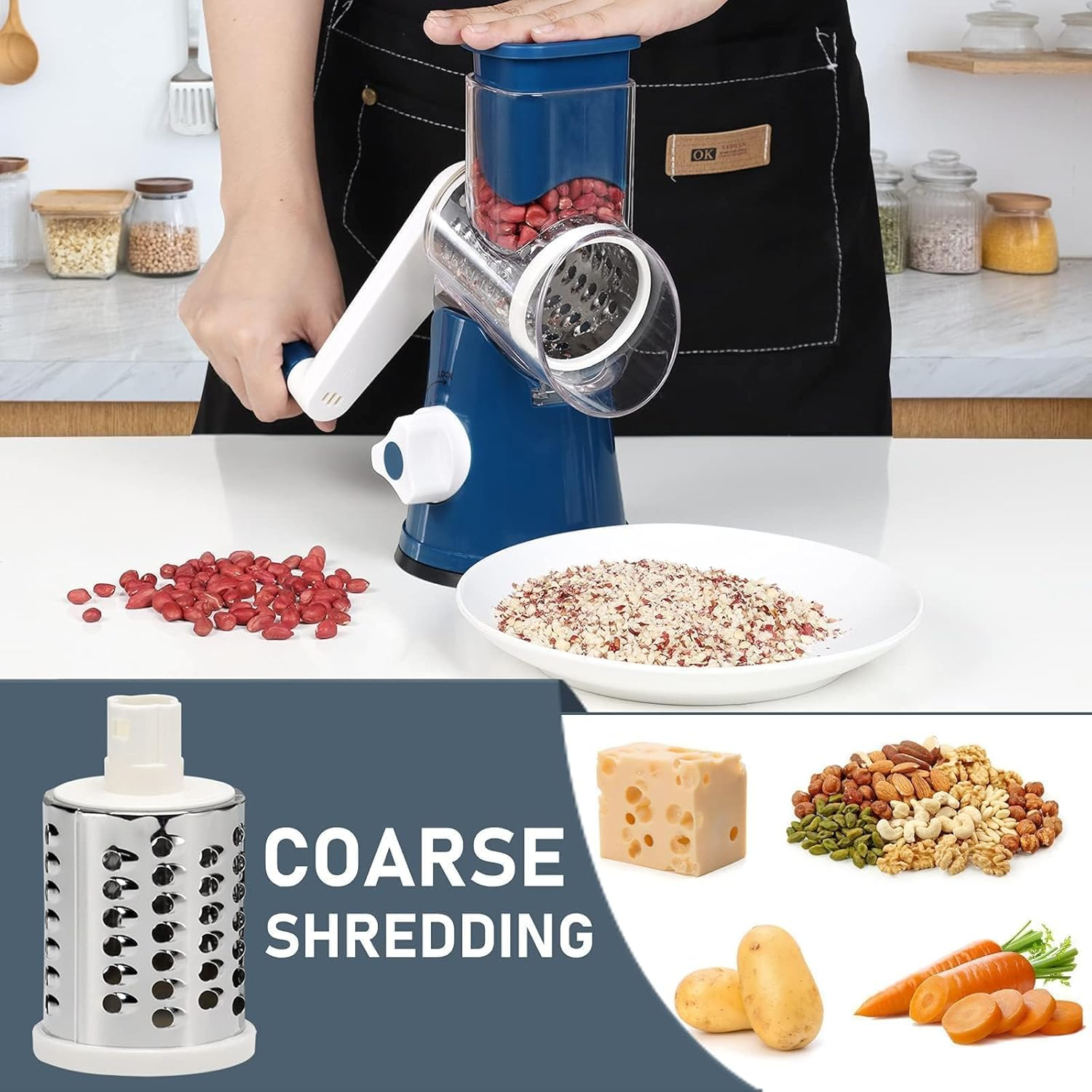 TURTM  KEOUKE Rotary Cheese Grater with Ergonomic Handle - Effortless Slicing & Grating for Cheese  Potatoes  Zucchini  Nuts & Chocolate - 3 Interchangeable Stainless Steel Blades - Versa