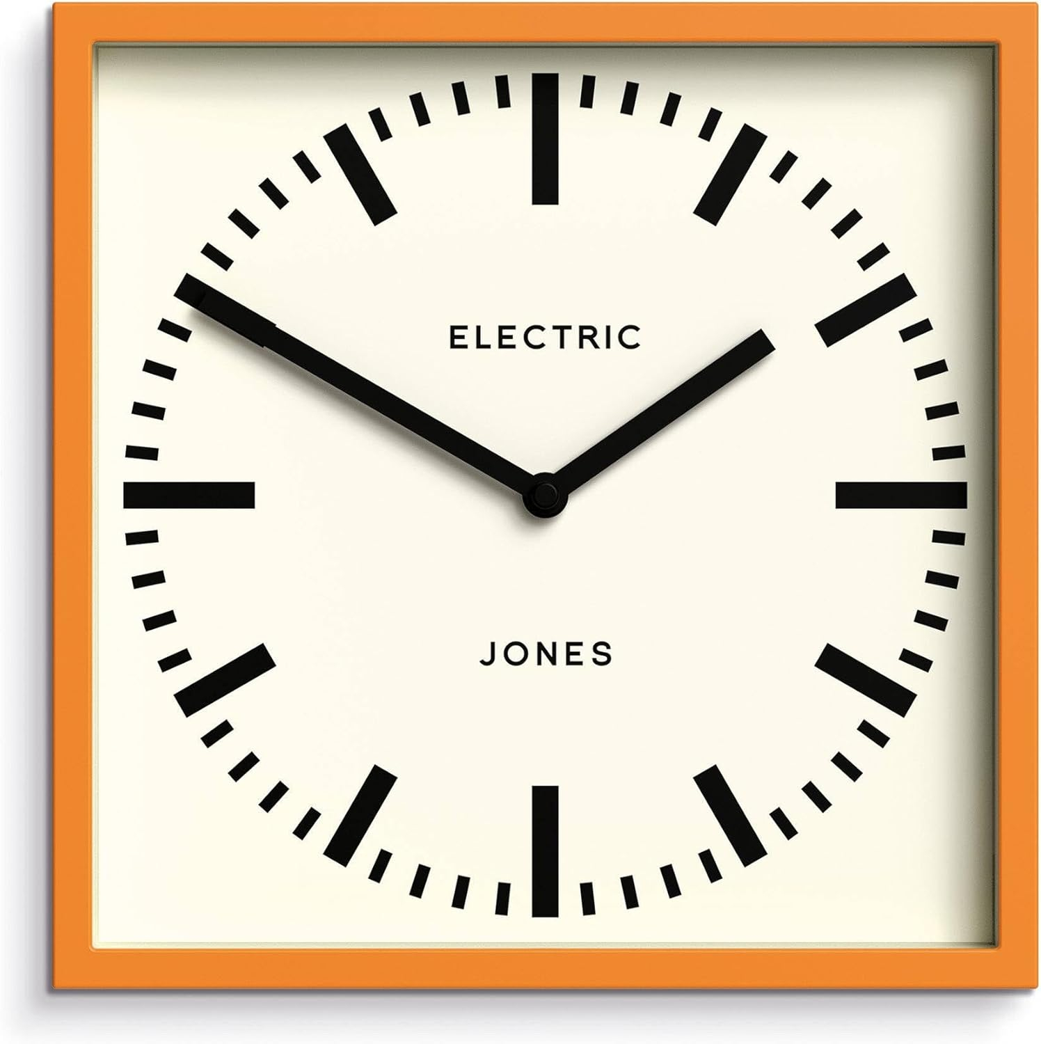 JONES CLOCKS® Box Railway Wall Clock | Square Station Clock | 10 inch | Cool Designer Look for Kitchen, Living Room or Office (Orange)