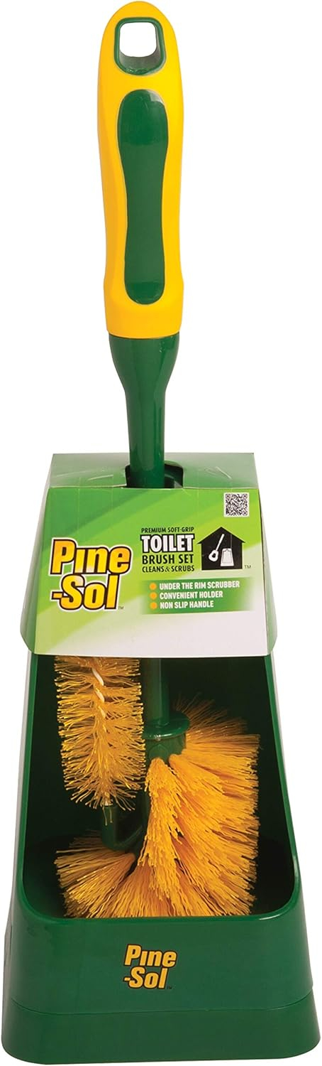 Pine-Sol Toilet Bowl Cleaner Brush with Holder | Heavy Duty Cleaning Wand with Under The Rim Scrubber, Non-Slip Handle, Storage Caddy | Bathroom Supplies, Yellow, Green