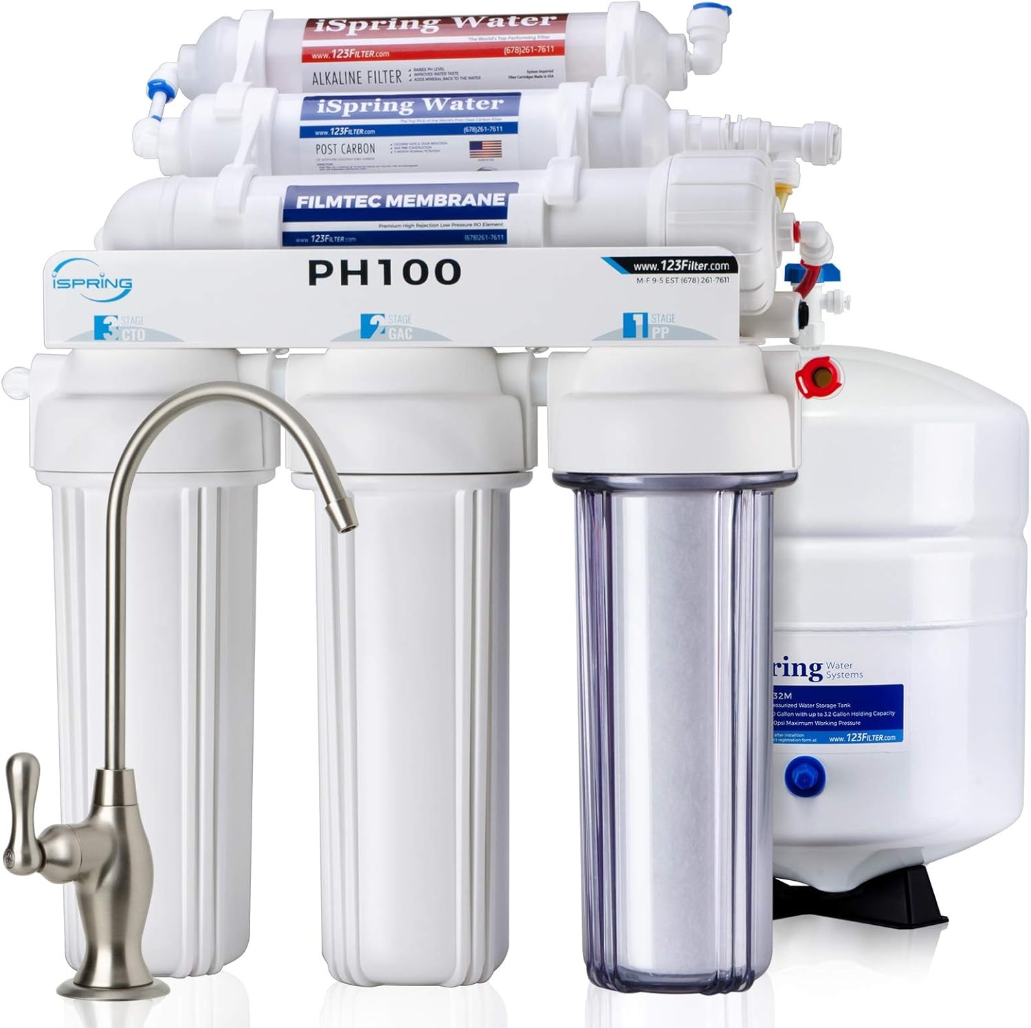iSpring PH100 pH+ 6-Stage Under Sink Reverse Osmosis RO Drinking Water Filtration System 100 GPD Fast Flow 1:1 Pure to Waste Ratio with Alkaline Remineralization, US Made Filters