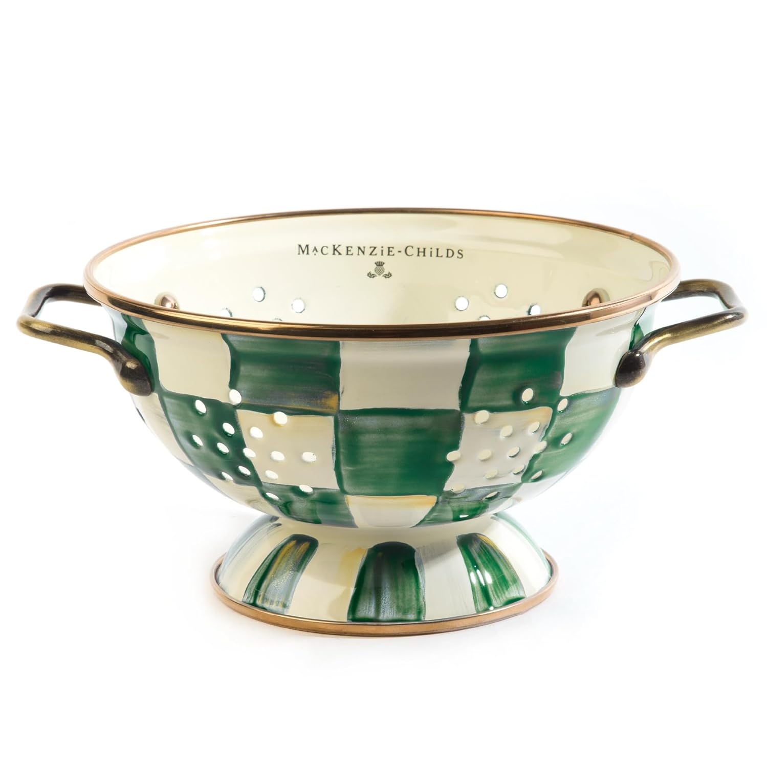 MACKENZIE-CHILDS Enamel Colander, Decorative Kitchen Strainer, Small, Green-and-White Emerald Check