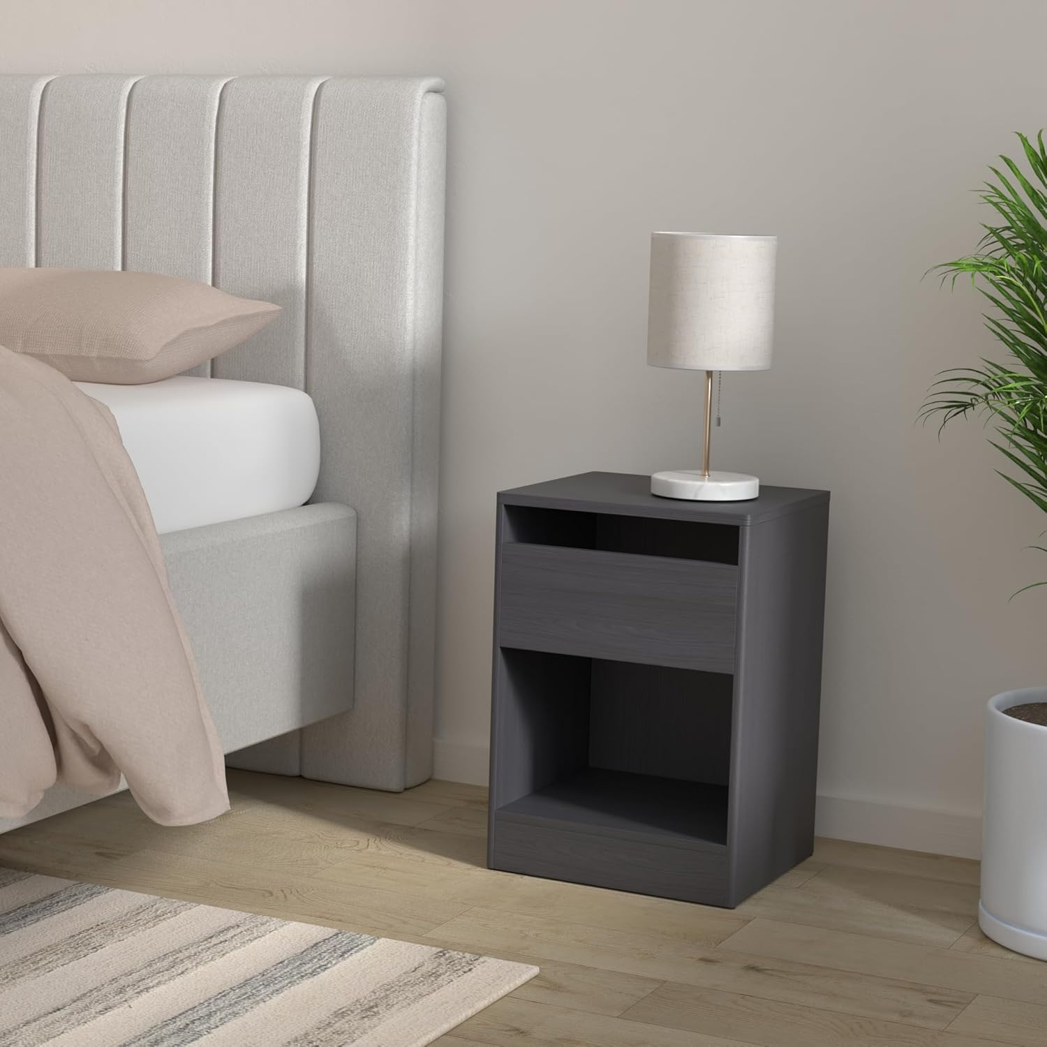 LED Nightstand with Charging Station Bedside Table with Drawer 2 AC Outlets 2 USB Ports Modern for Bedroom Living Room 13.7" D x 15.7" W x 21.7" H Black