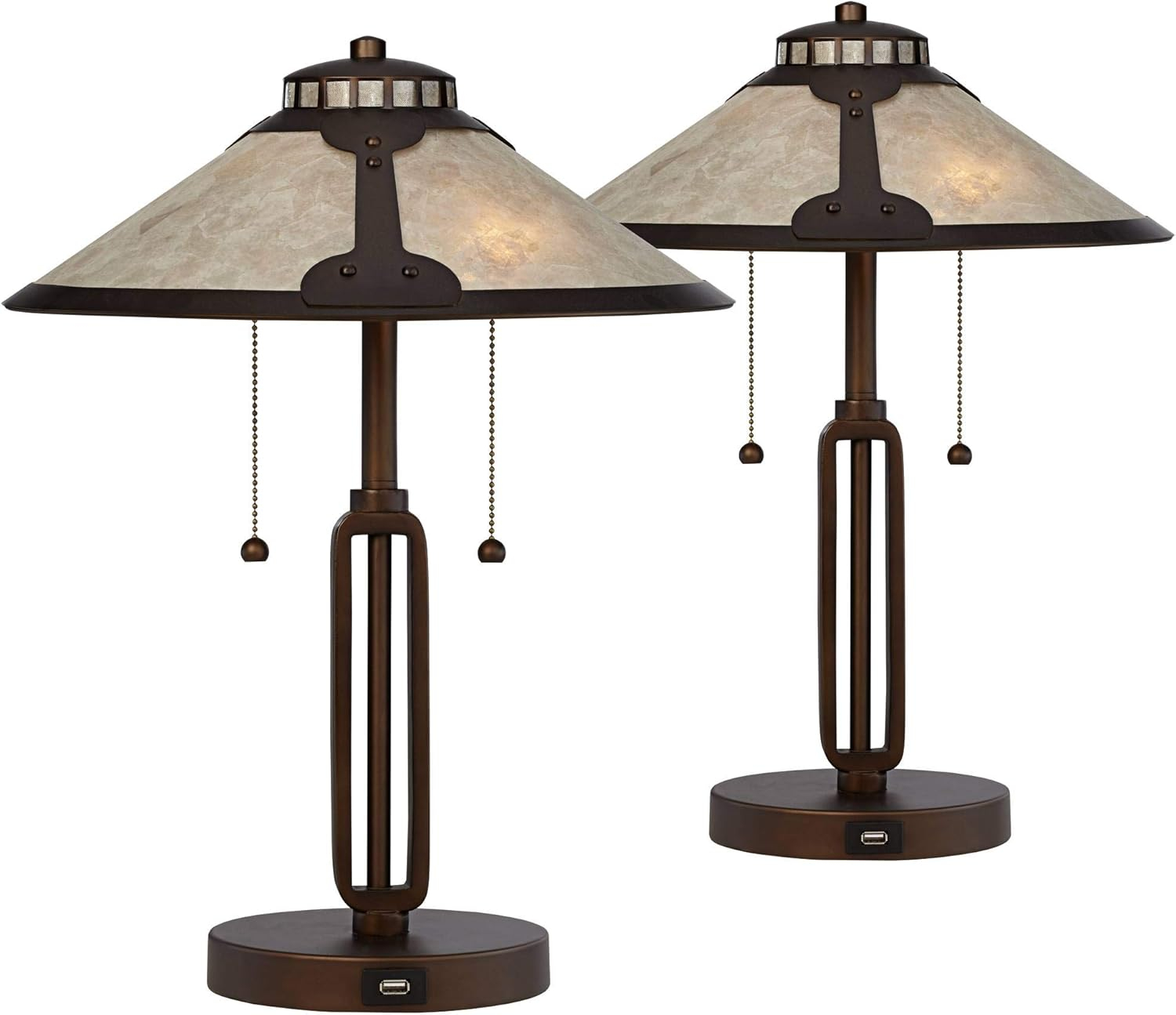 Franklin Iron Works Samuel Mission Desk Table Lamps 20" High Set of 2 Bronze with USB Charging Port Mica Shade for Bedroom Living Room Bedside Desk