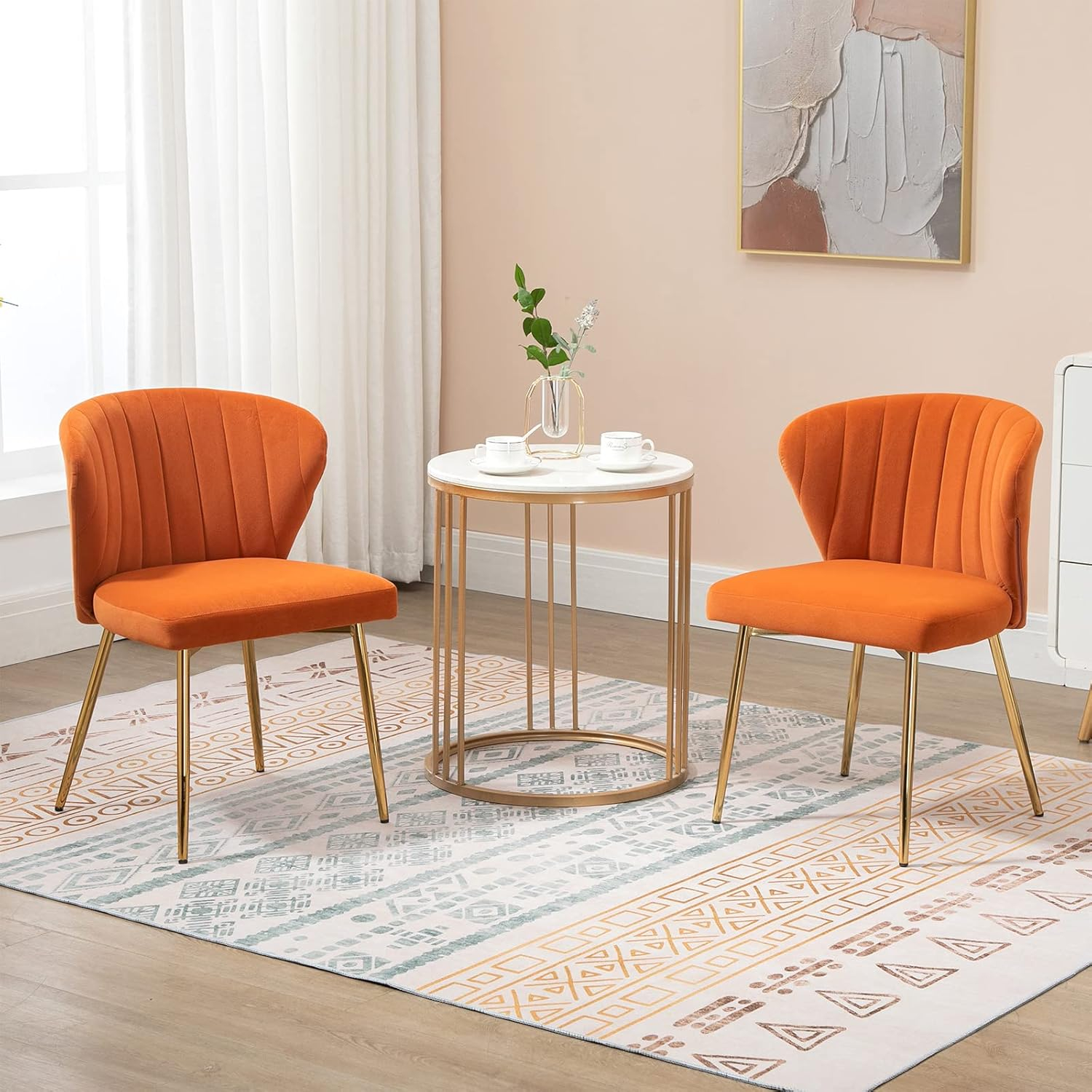 Velvet Dining Chairs Set of 2 Upholstered Side Chairs Accent Home Kitchen Tufted Metal Legs Living Room Orange