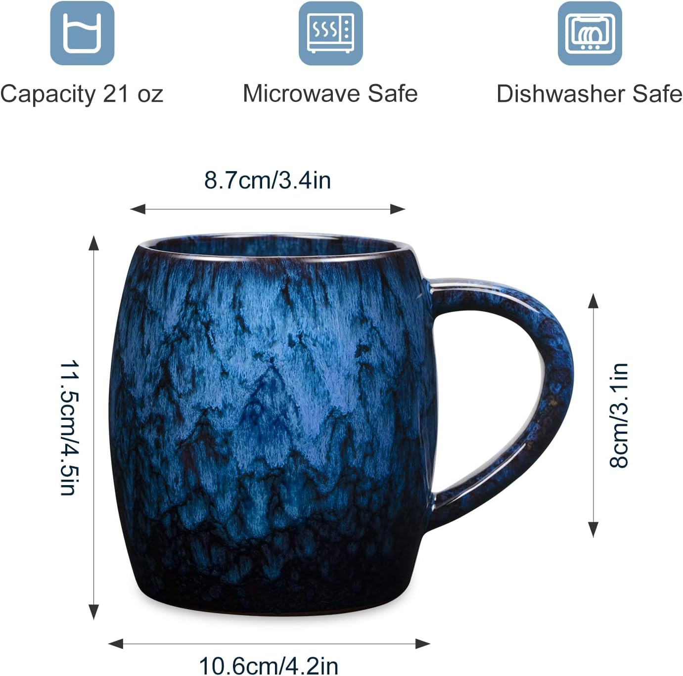 21 Oz Large Ceramic Coffee Mug, Handmade Pottery Big Tea Cup for Office and Home, Big Handle Hot and Cold Drinking, Microwave and Dishwasher Safe, Unique Texture Glaze (Deep blue)